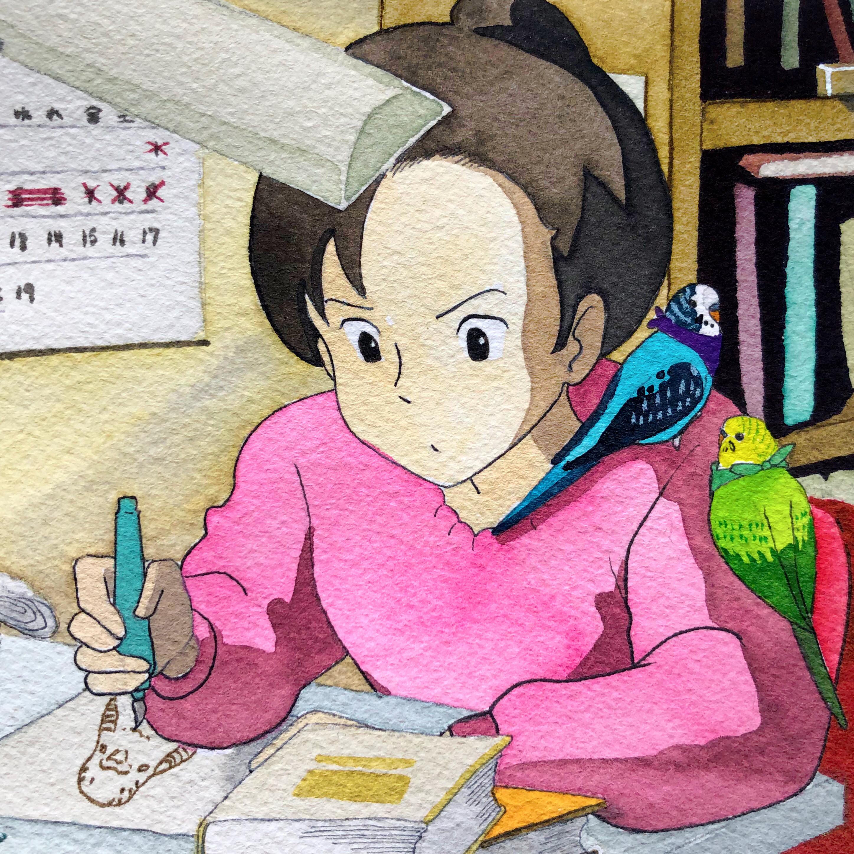 [op] and [ops] pet budgies, Studio Ghibli style! Their names are Squirt