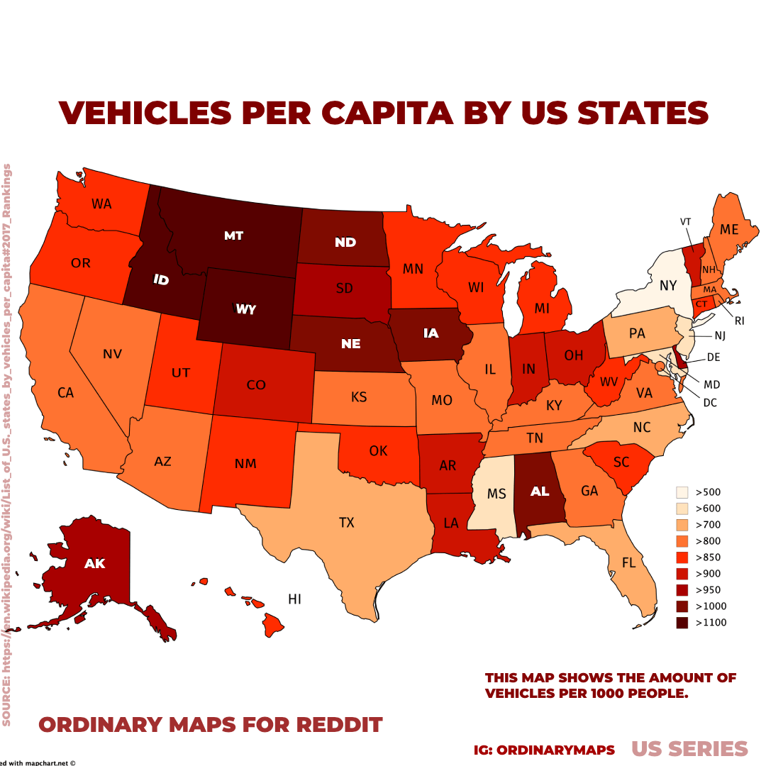 Vehicles per capita by US state r/MapPorn