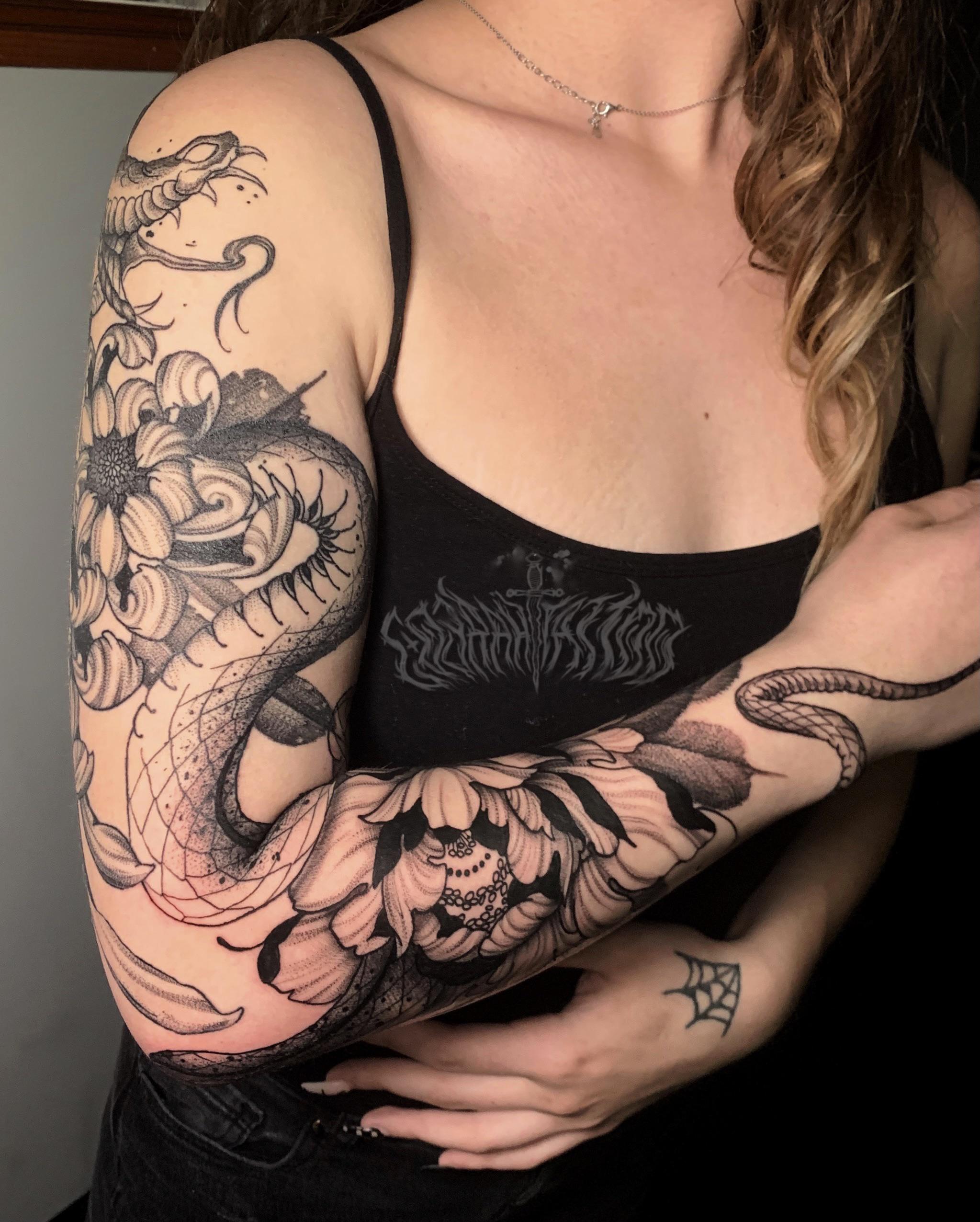 Full Sleeve Custom Design. Snake Wrapping Around Arm With Chrysanthemum And Peony Flowers. Done By @Cobrahtattoo At Emerald Ink. Perth, Australia. : R/Tattoodesigns 2551_x_2047_jpg