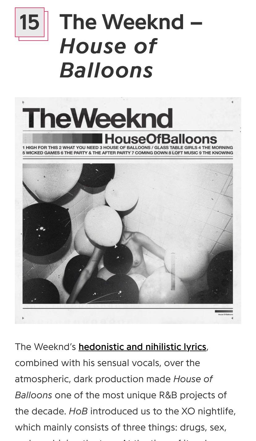 Top 15 of 100 albums of the decade r/TheWeeknd