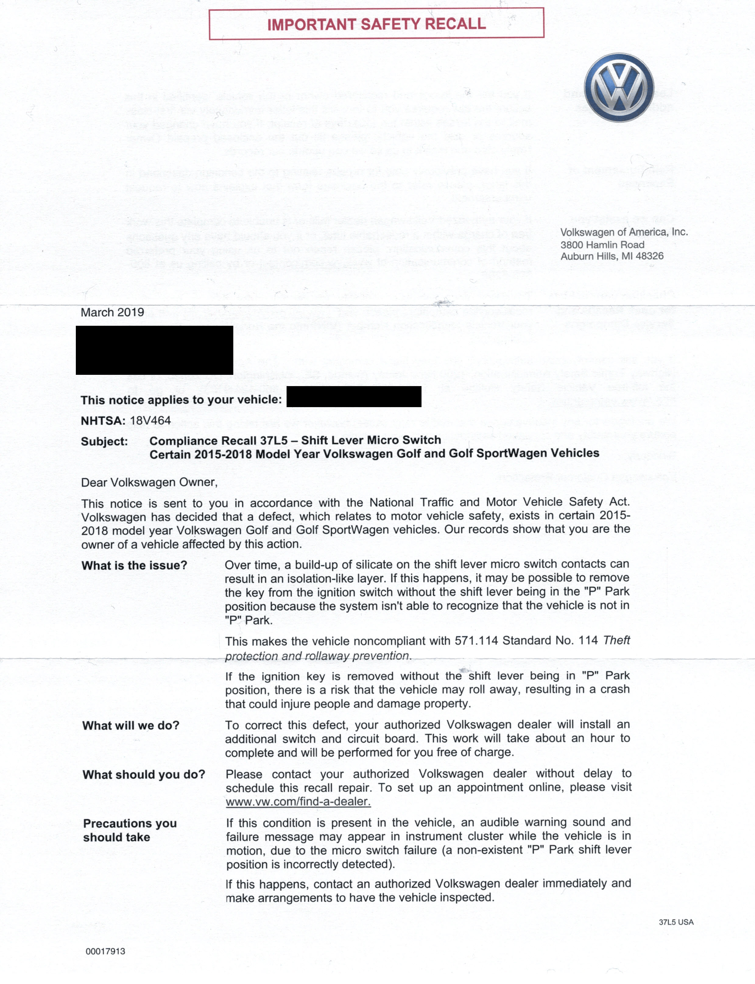 Looks like VW finally has the parts to fix the random "Transmission Error" messages my MK7 Golf