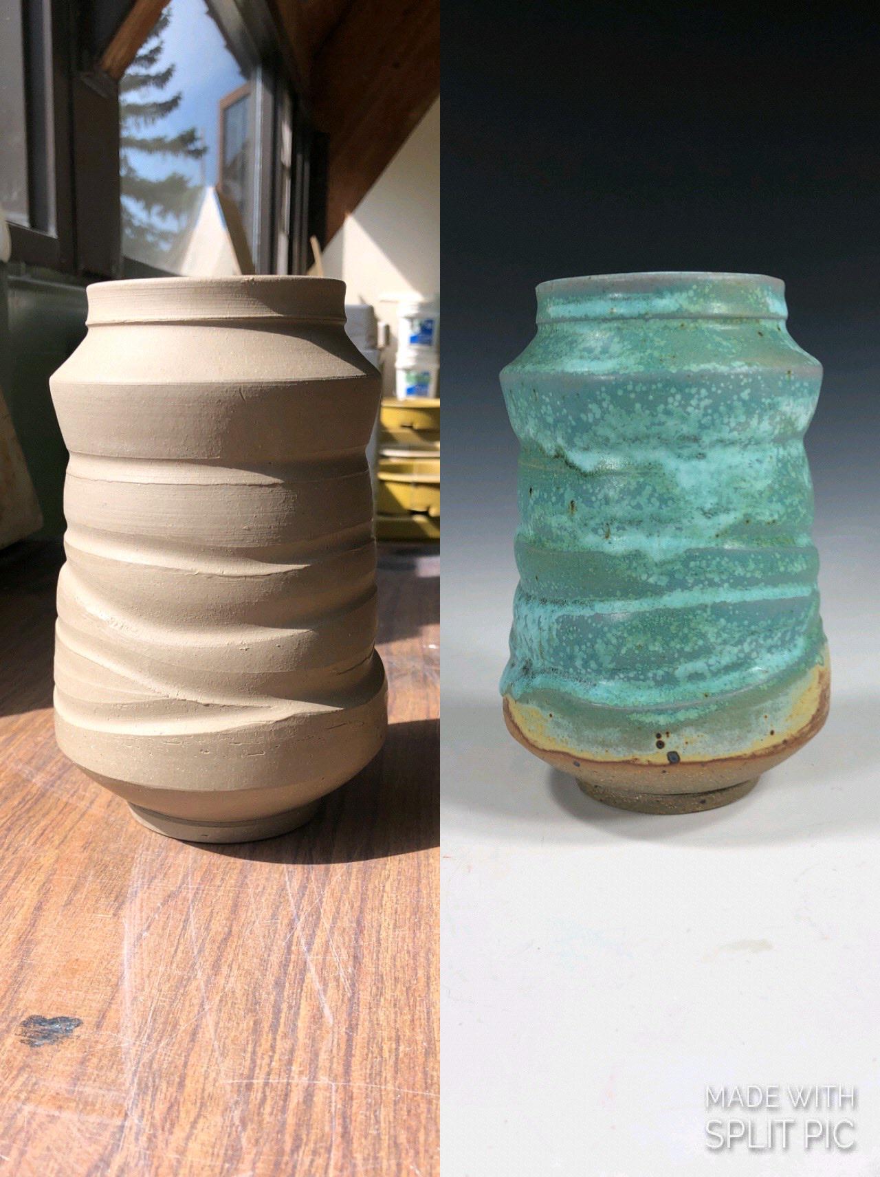 A little before and after of this vase! Glaze turned out pretty cool