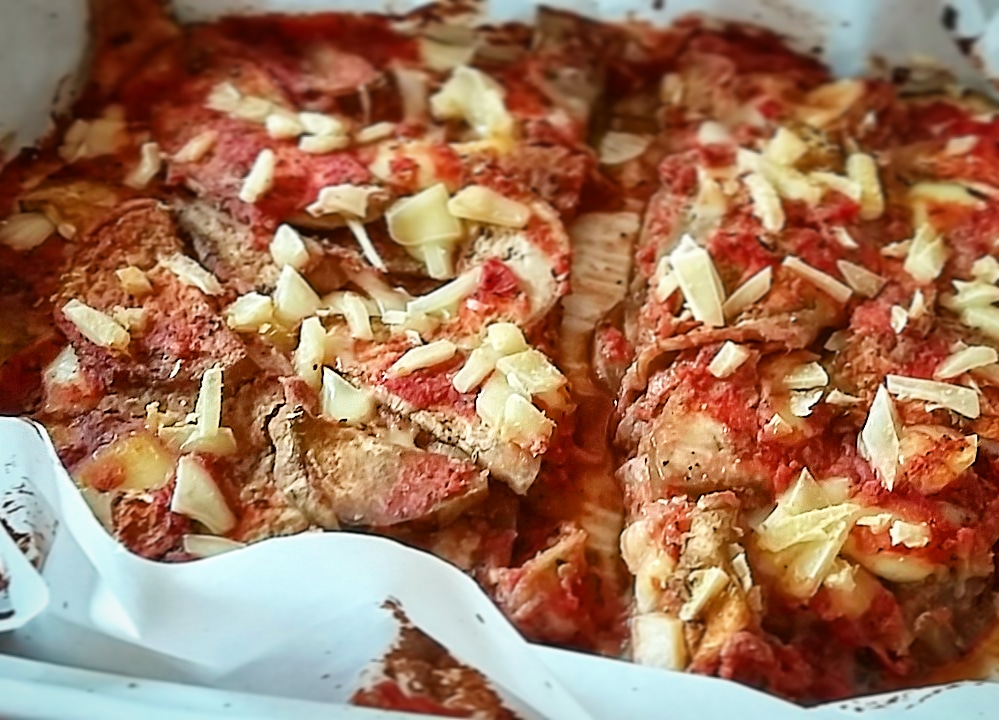 [Vegan] eggplant parm. 270 calories for half the pan. Thinly sliced