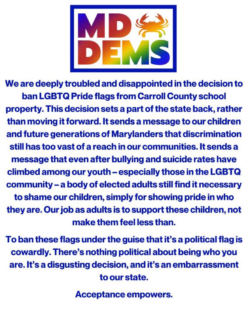 Statement from Maryland Democrats on Carrol County banning LGBTQ flags