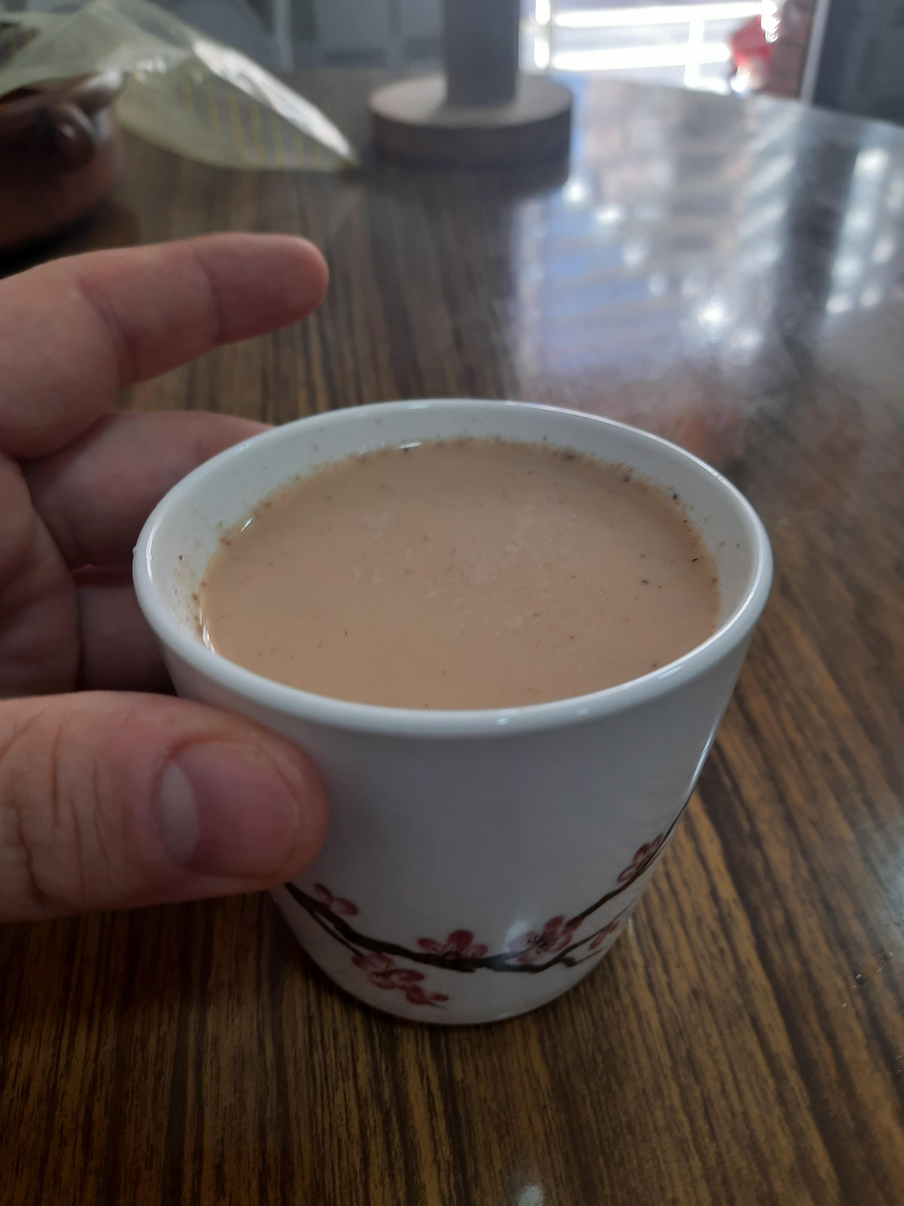 Lapsang souchong latte with burnt caramel, looks like normal tea but it