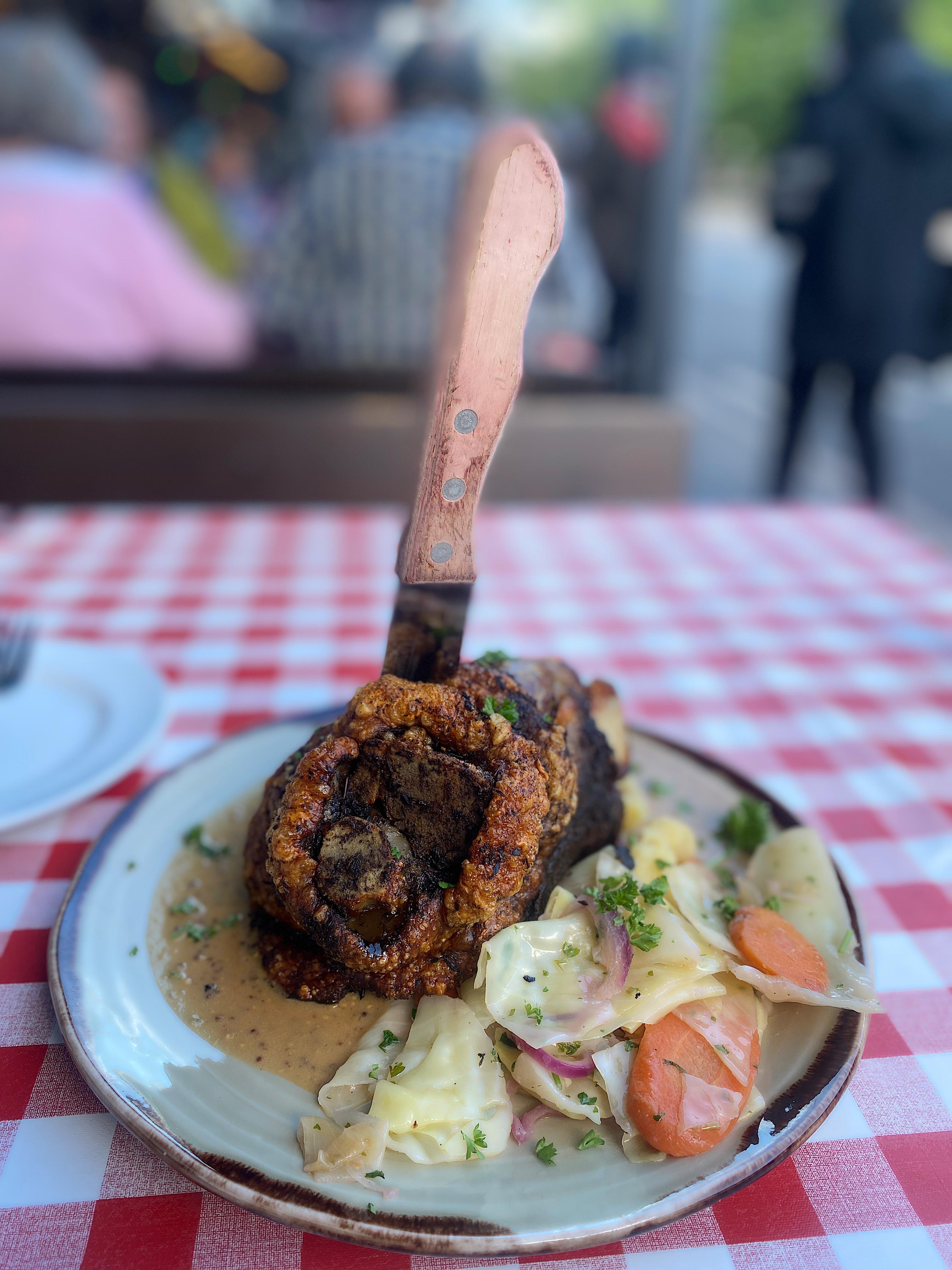 [OC] Delicious grilled pork knuckle on a bed of mashed potatoes with
