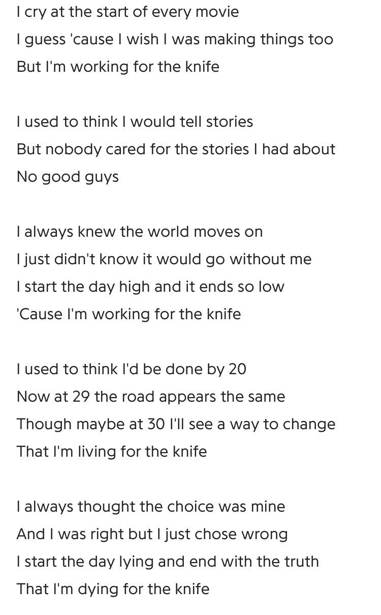 working for the knife lyrics ) r/mitski