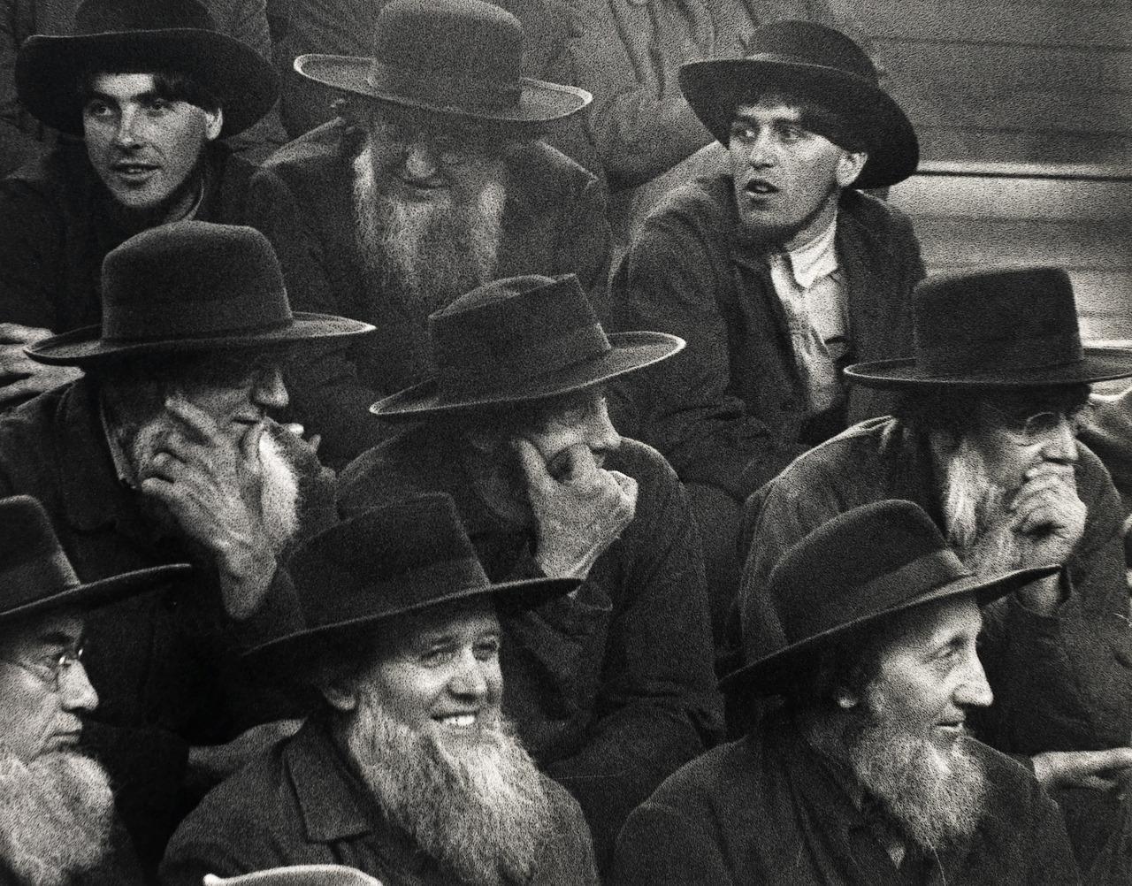 Amish farmers at a horse auction, New Holland, Pennsylvania, 1955 r