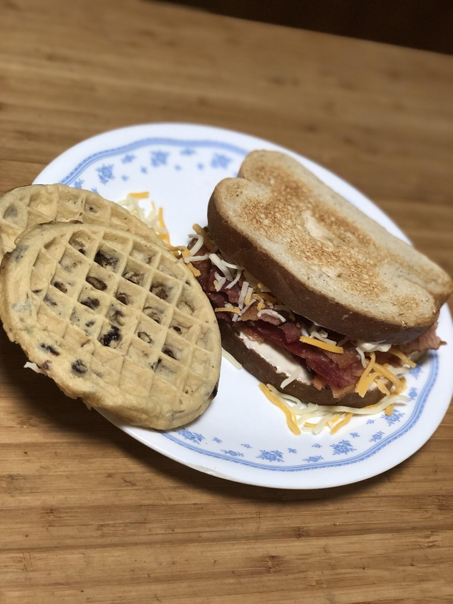 My breakfast this morning. A Bacon, mayonnaise, cheese on bread. With