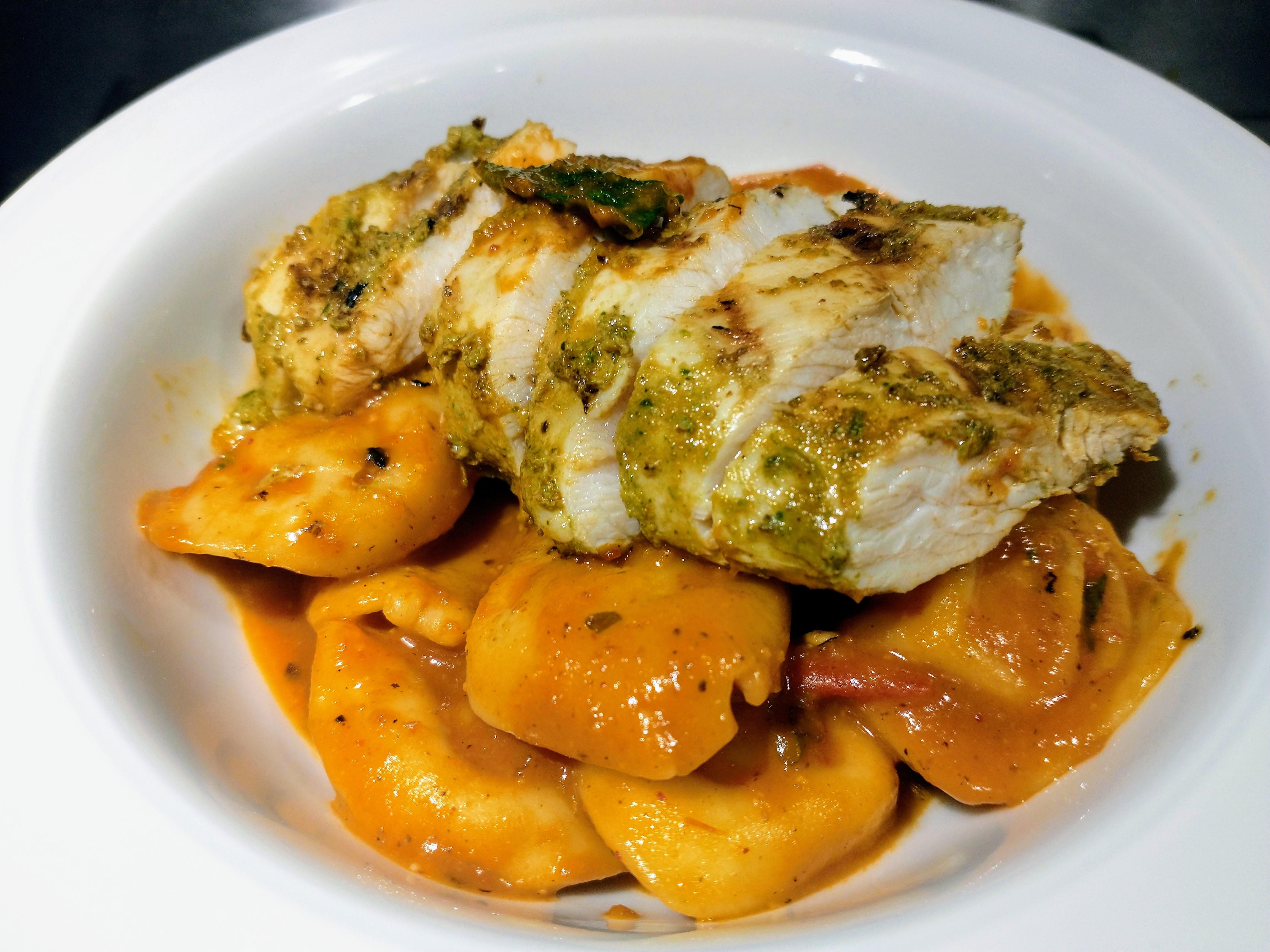 [homemade] Grilled Pesto Chicken with Tortellini in Vodka Sauce. r/food