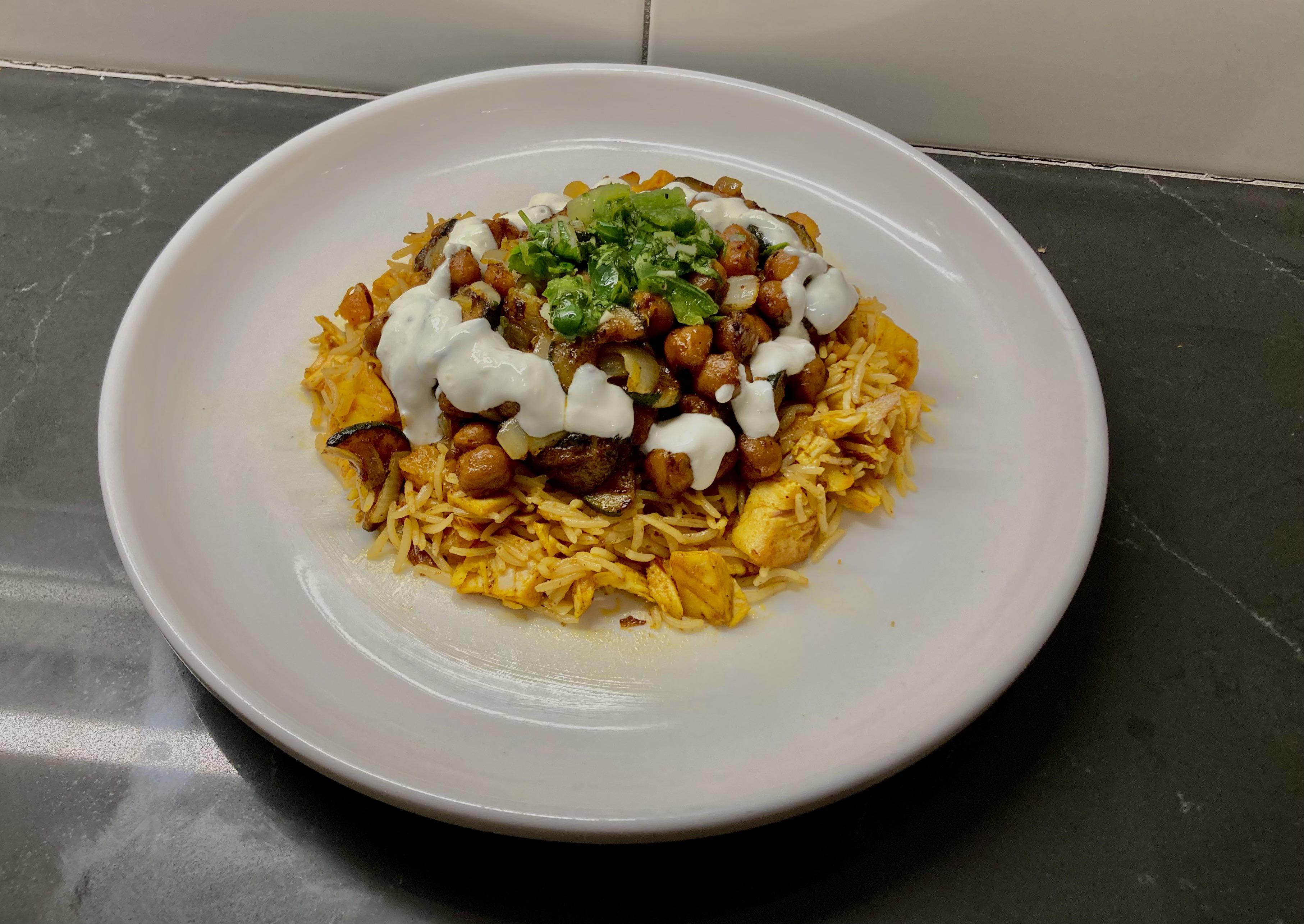 Apricot, Almond, and Chickpea Tagine w/ Chicken, Zucchini, Basmati Rice