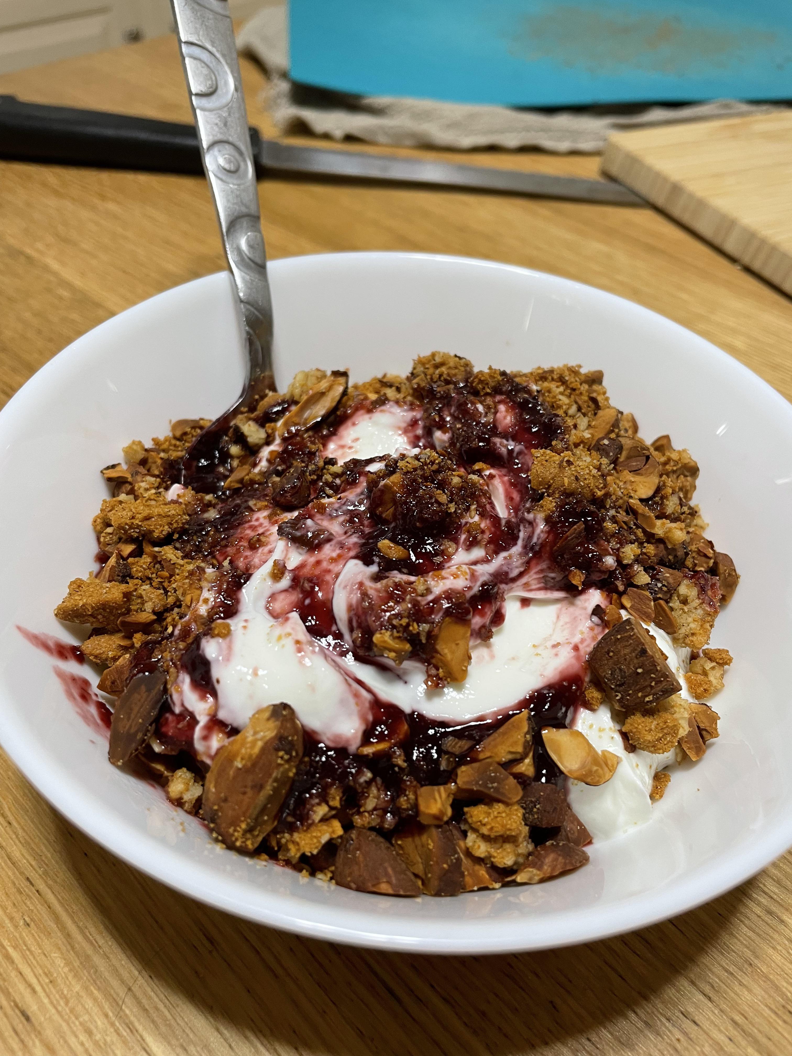 Fage Greek Yogurt is my fave. I add almonds and crushed granola bars