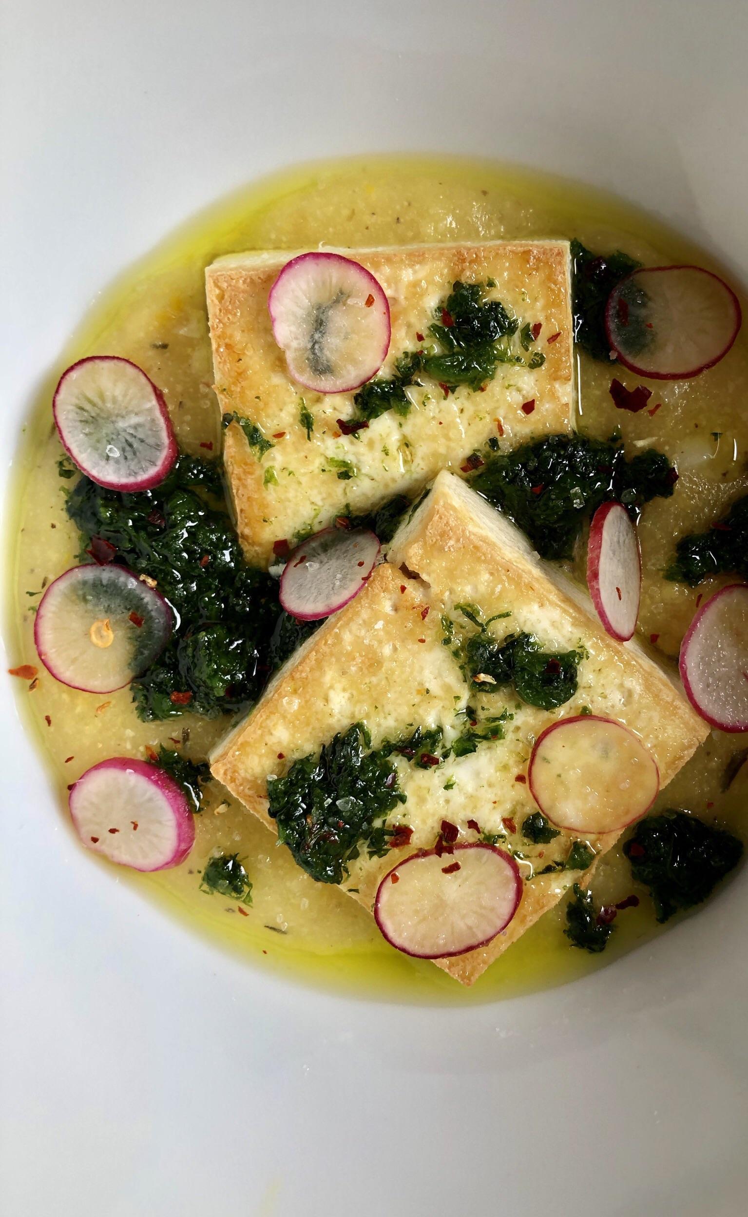 [homemade] creamy polenta, seared tofu, radishes with a basil and garlic smoked olive oil r/food