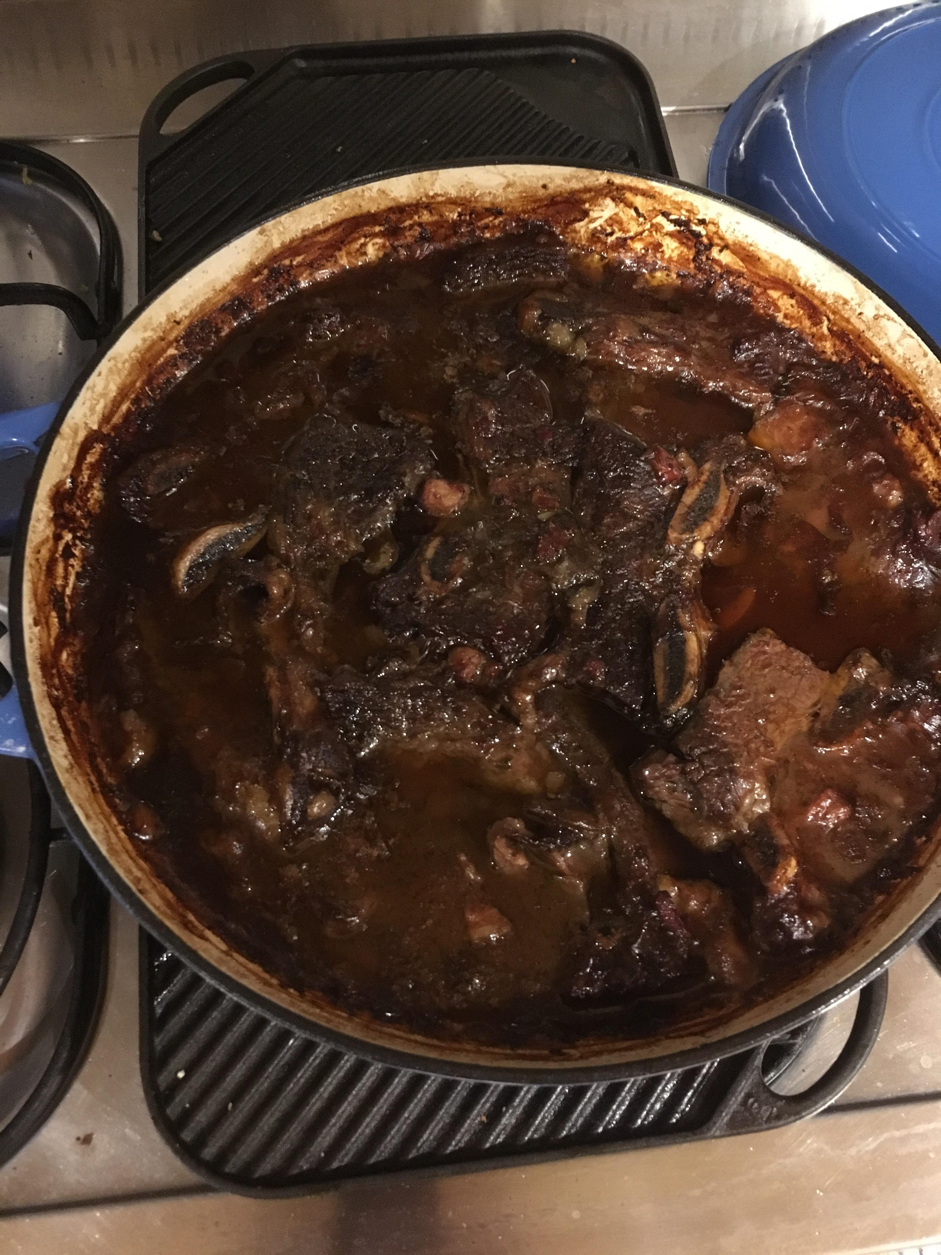 Short beef ribs slow cooked in red wine and beef stock. Be tasty yo