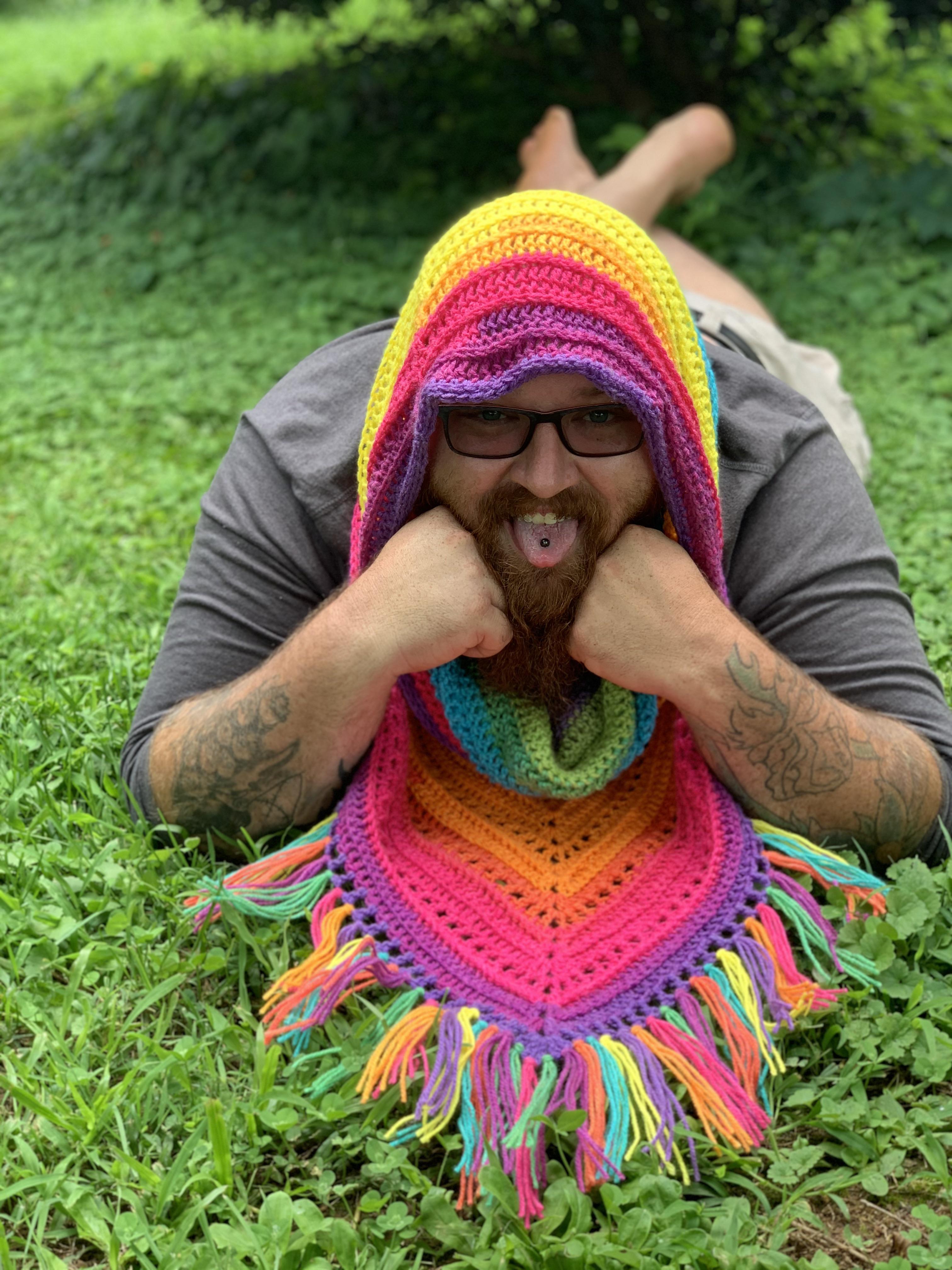 My adorable husband modeling my crochet project! r/crochet