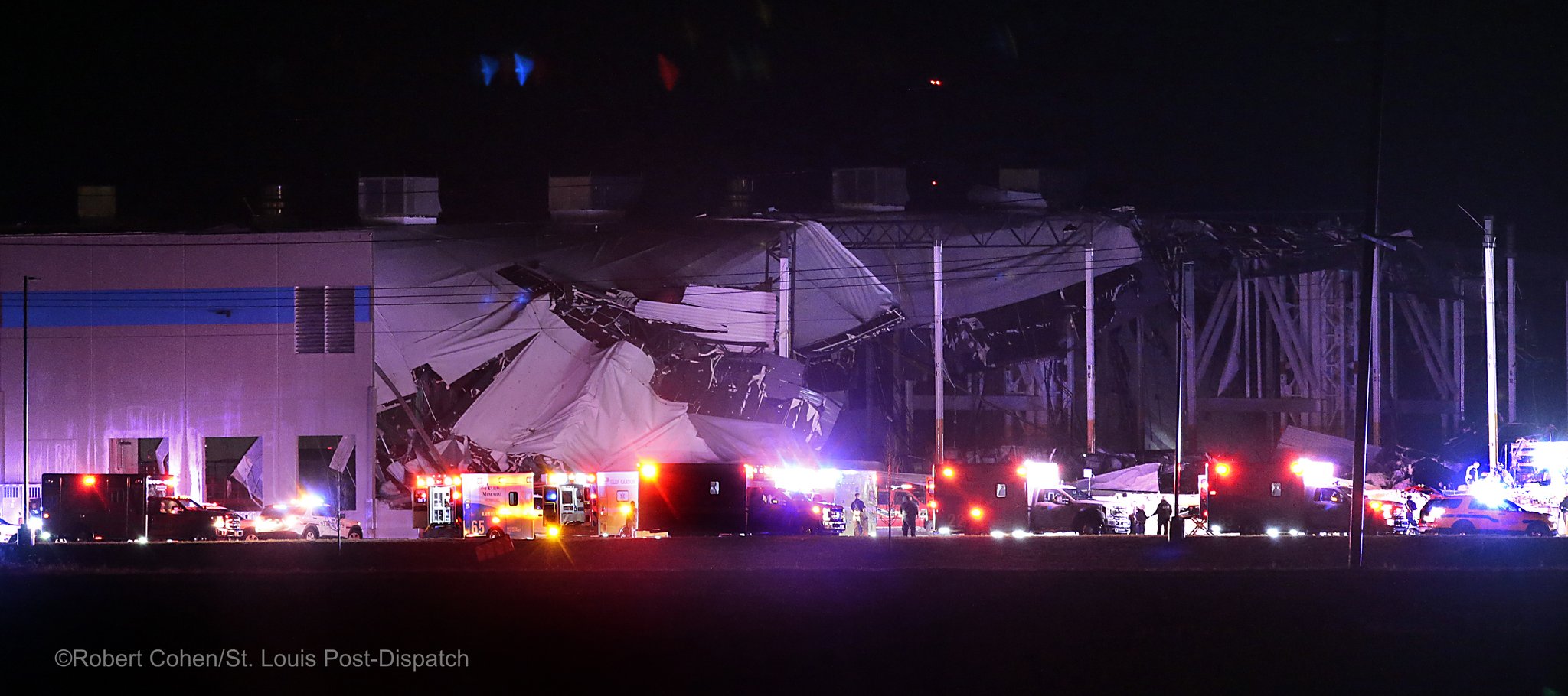 Amazon warehouse roof collapse from storm damage, Edwardsville
