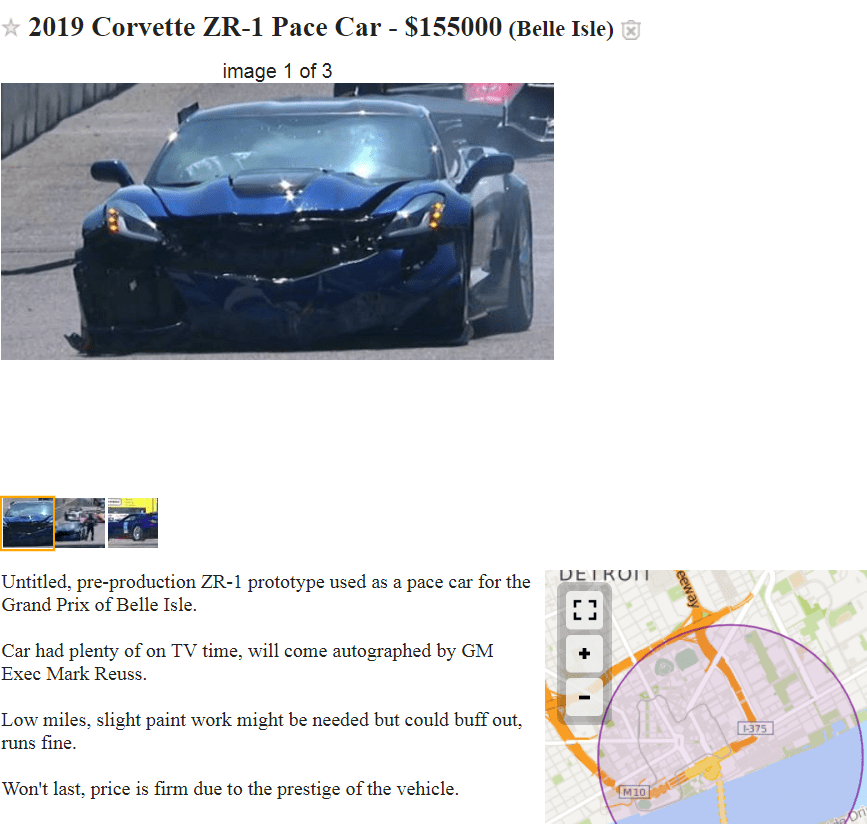 Crashed Corvette on Craigslist slight paint work needed but could