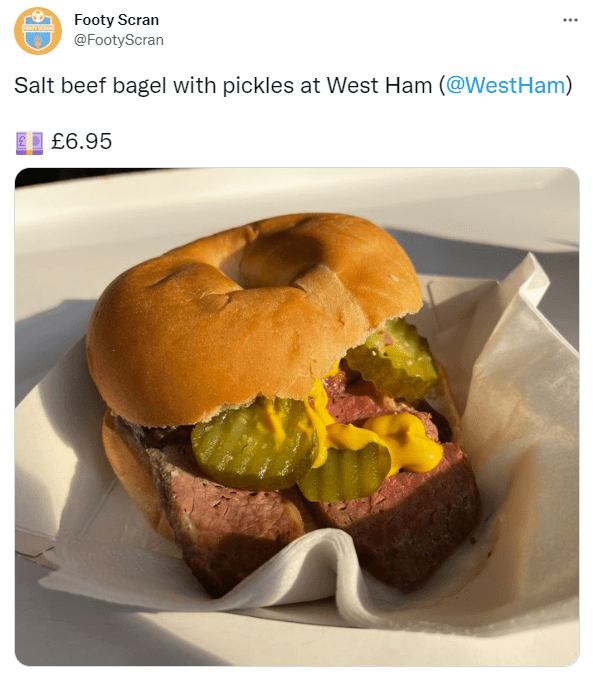 Salt beef bagel with pickles as featured on Footy Scran r/Hammers