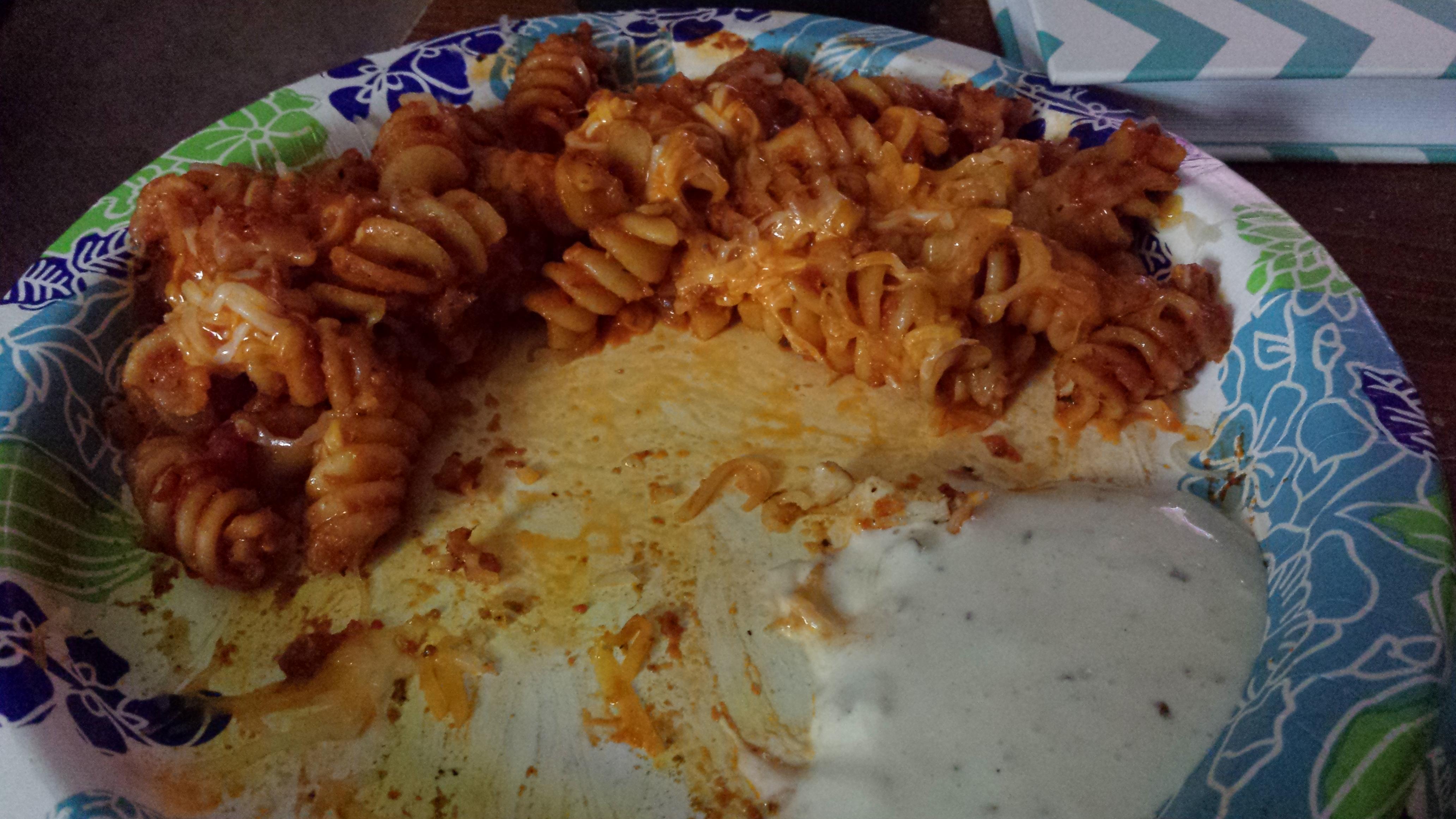Leftover rigatoni and marinara with buffalo sauce, cheddar cheese, and