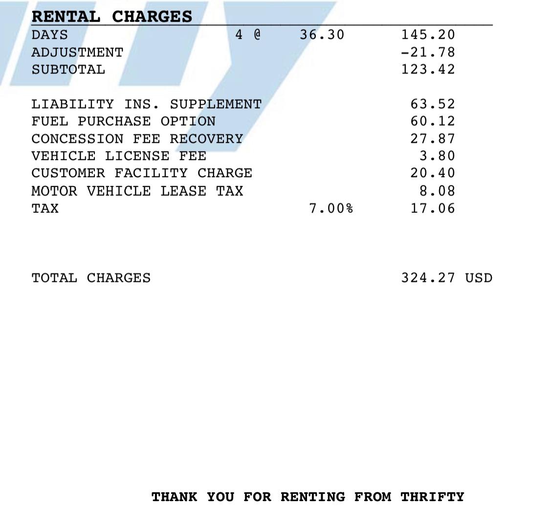 214 in extra fees after renting a 123 car in Miami for 4 days. Fuel
