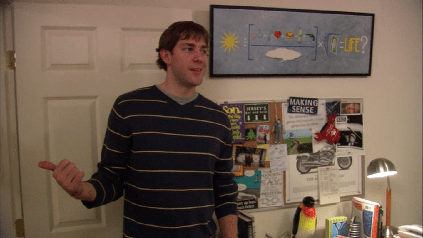 In S2E9, Jim has a miniature J.D. from Scrubs hanging by the neck in