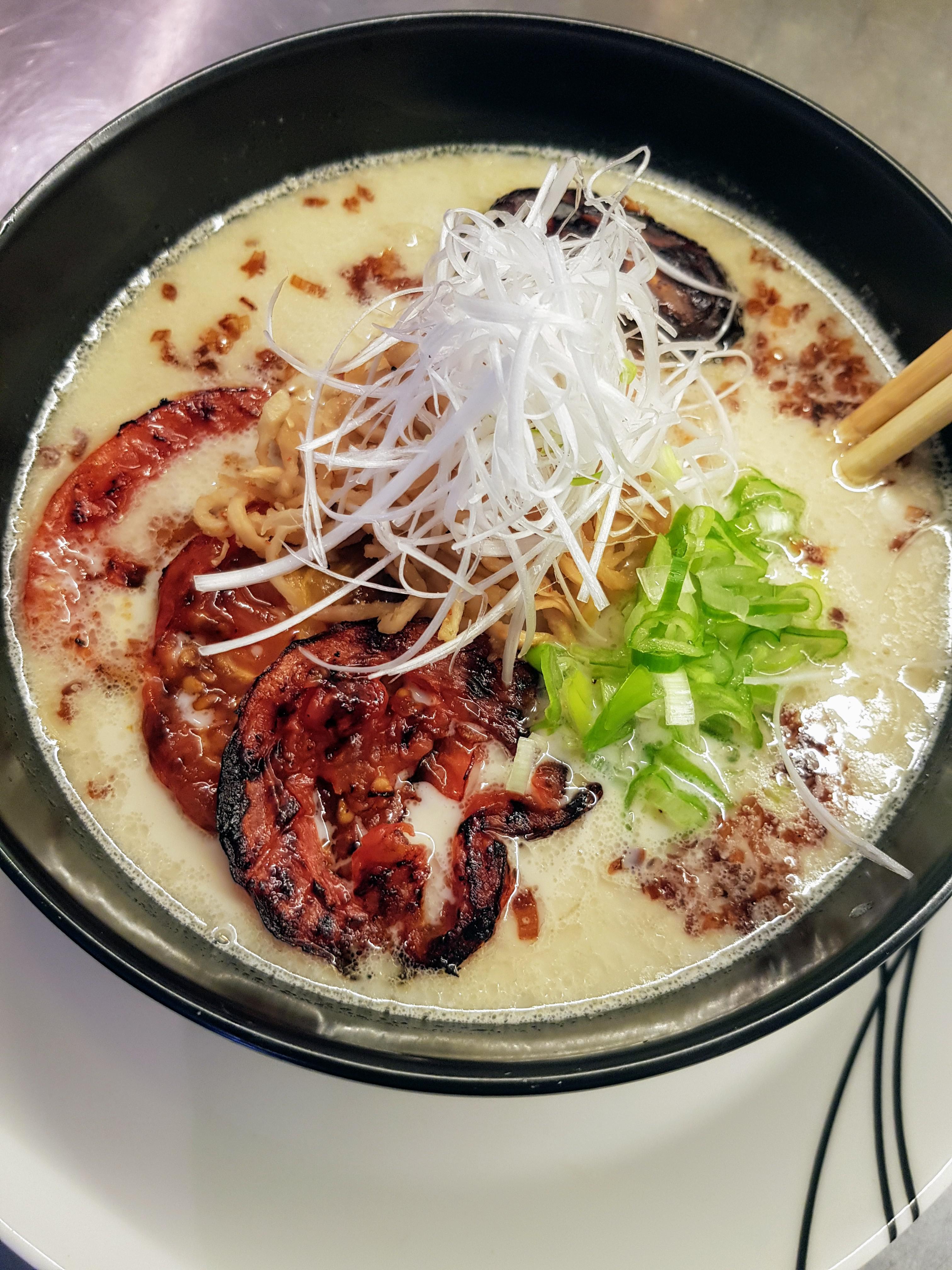 An attempt at The Way of Ramen's Vegan Tonkotsu ramen. With homemade noodles, roasted shallot
