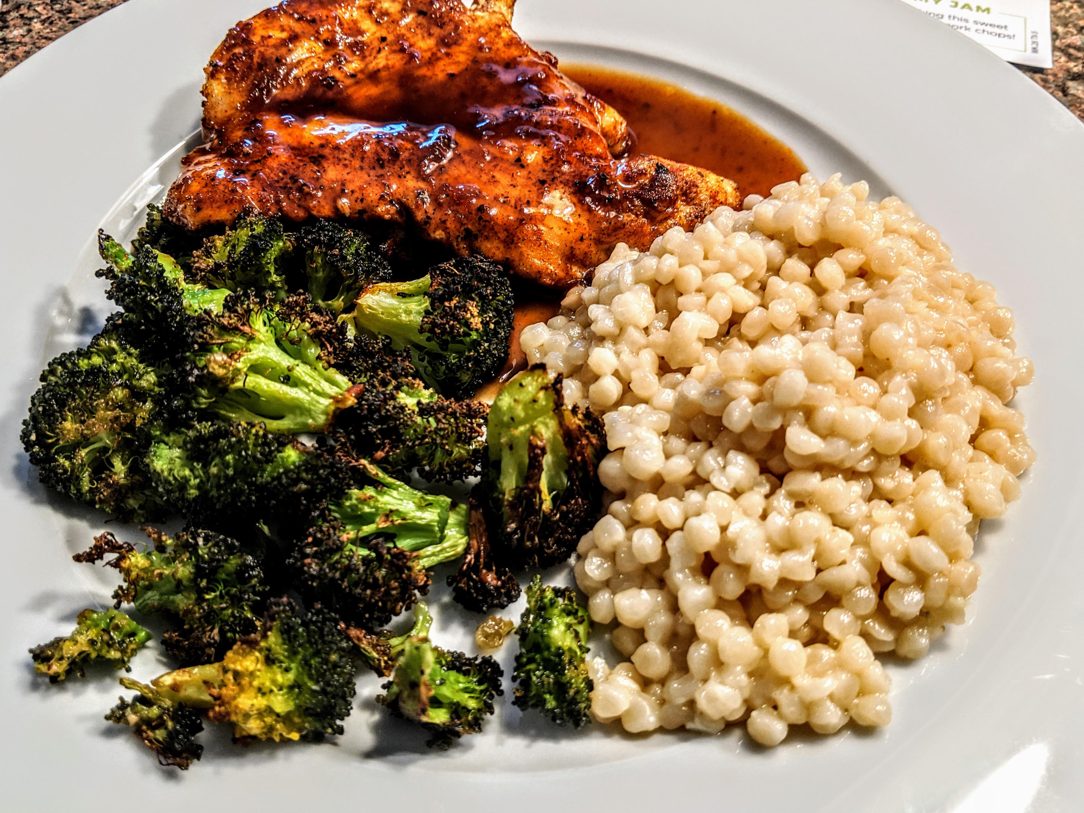 Sweet 'n' Smoky Cherry Chicken with Roasted Broccoli & Israeli Couscous