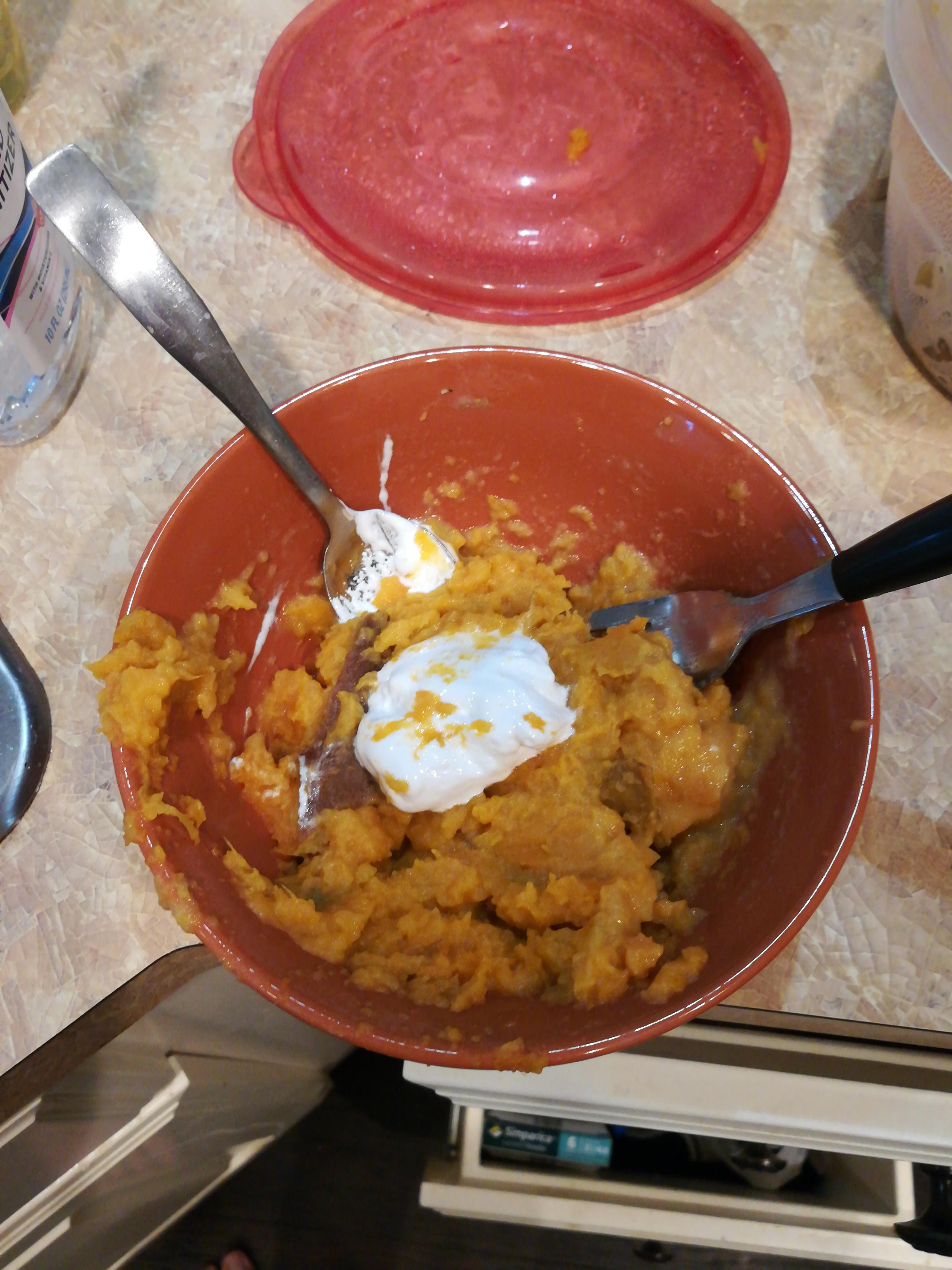 Mashed sweet potatoes, almond milk, marshmallow fluff r