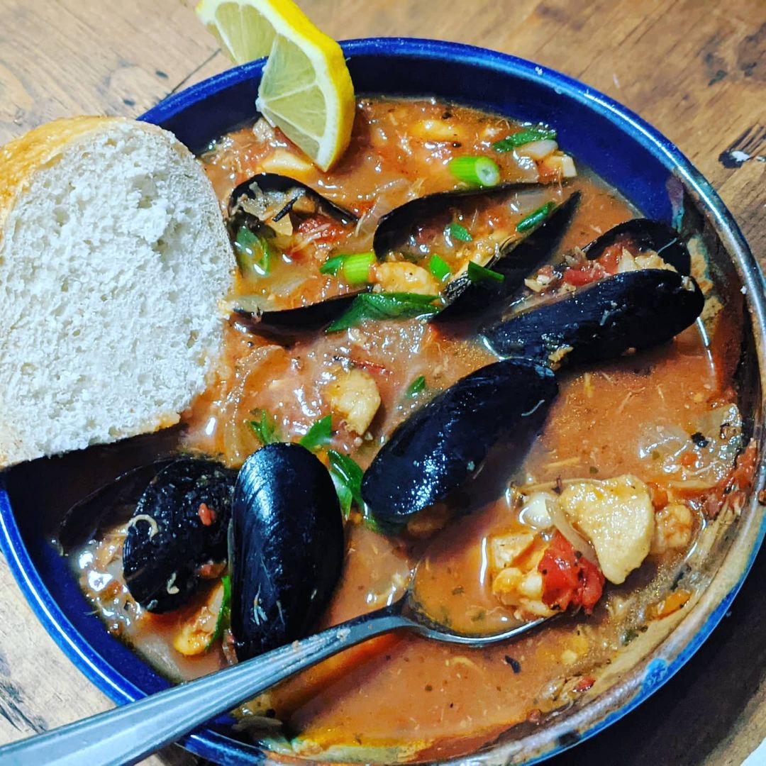 Made Fisherman's Stew with Roasted Garlic Crostini. Turned out tasty