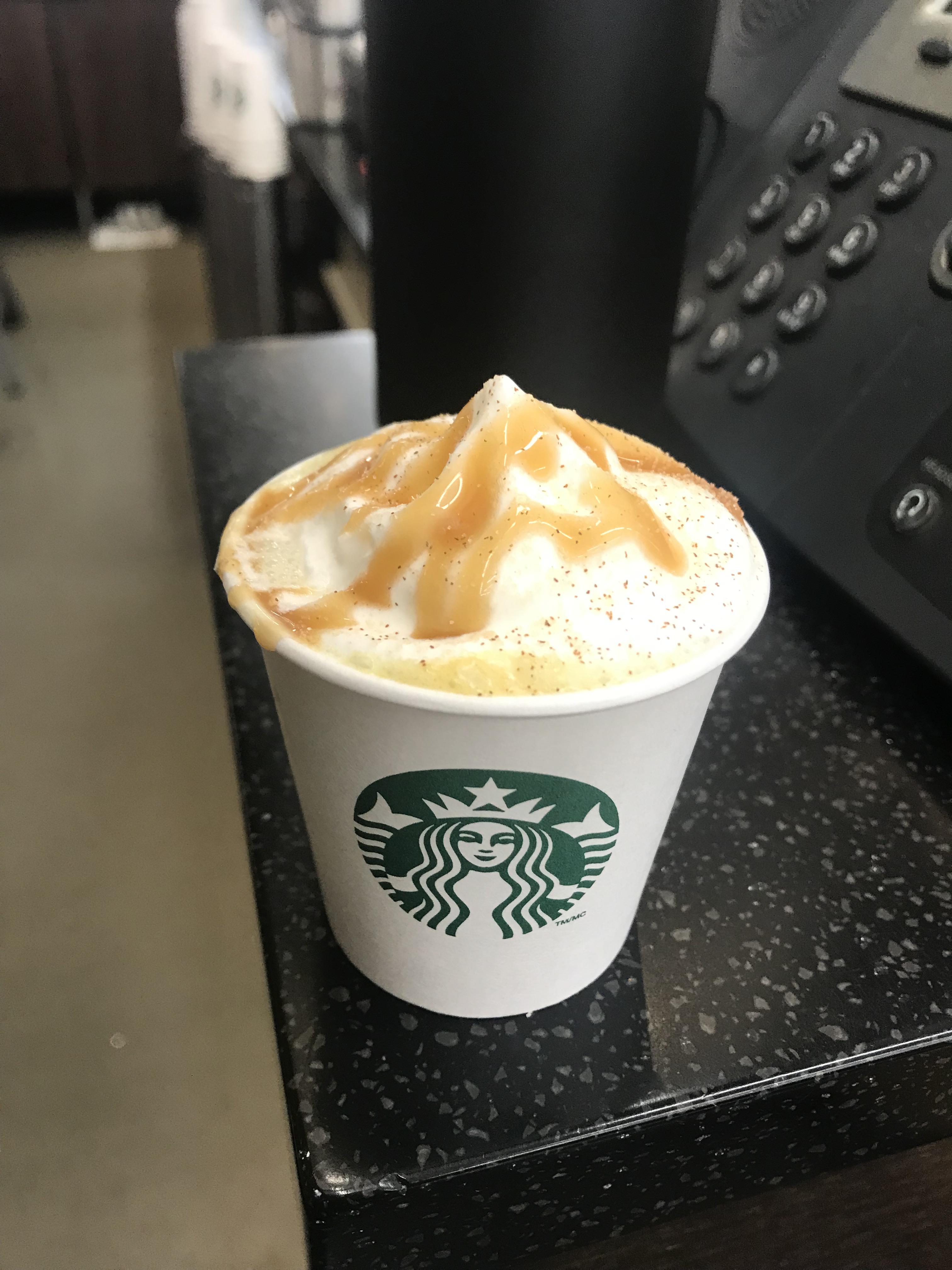 Coconut milk with ginger powder steamed into it, 1 pump caramel, 1 1/2