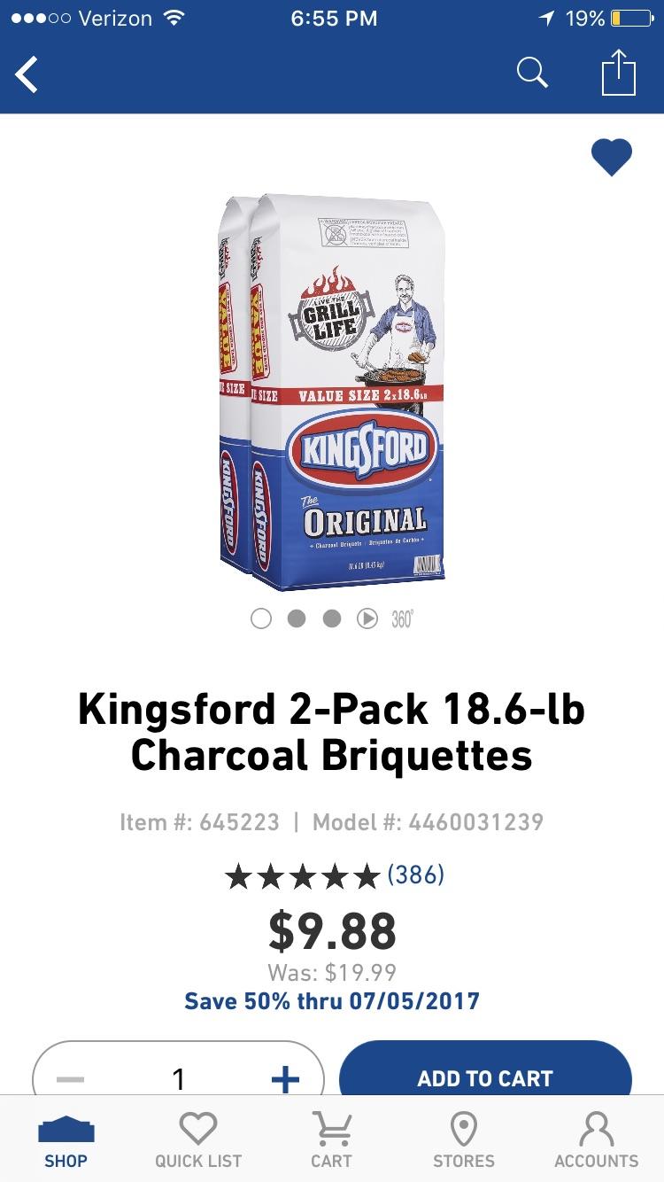 Lowes has charcoal on sale 2 18.6lb bags. 2 per customer r/charcoal