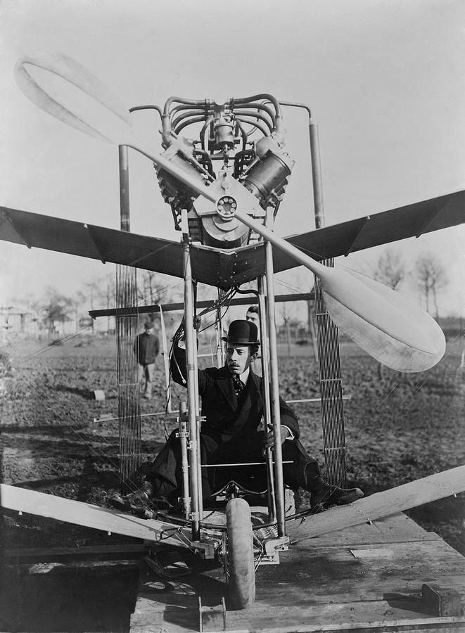 Brazilian aeronaut inventor Alberto Santos Dumont in his plane the 14 bis in France, 1907. [661