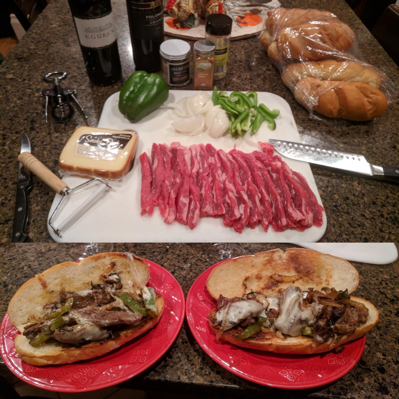 Philly cheese steak with smoked mozzarella on a pantoasted hoagie bun