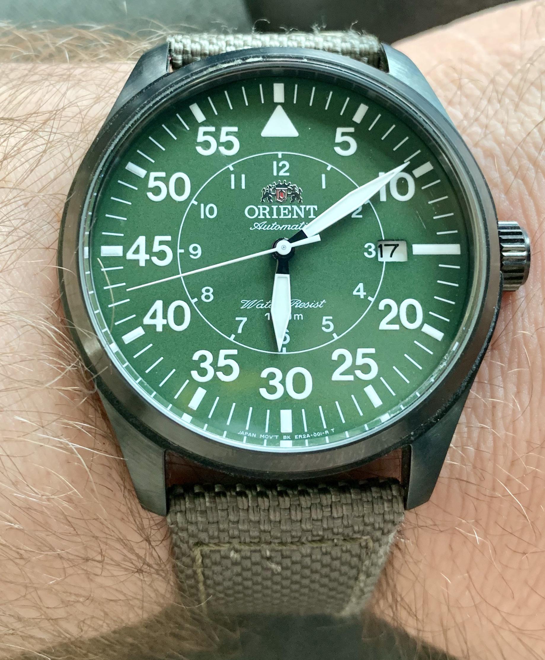 [Orient] Automatic Aviator Flight Watch with green dial and OD green canvas strap. Love this