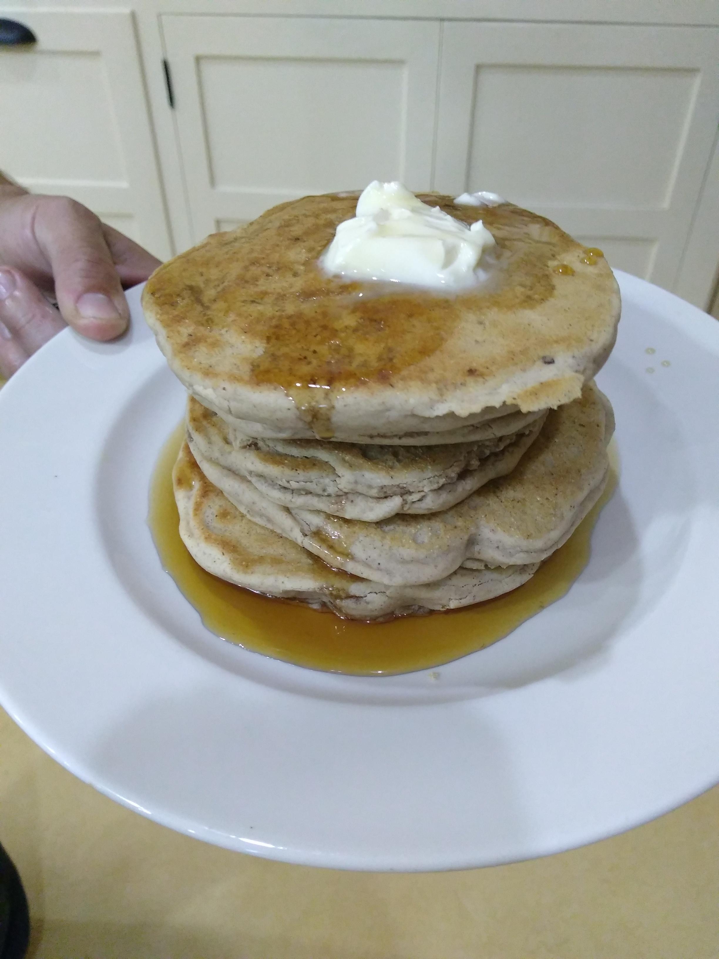 Thanksgiving pancakes with maple syrup and earth balance (made from