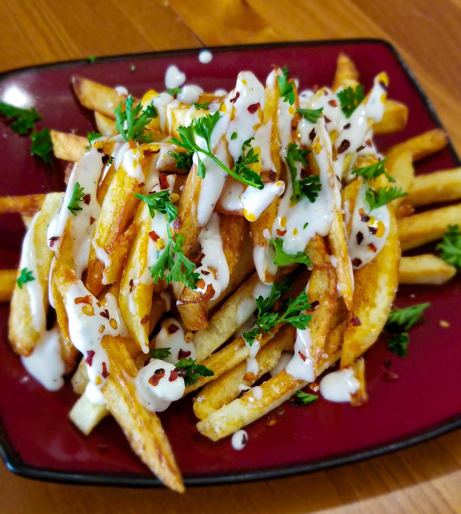 [Homemade] French fries with ranch dressing, blue cheese, hot chili oil