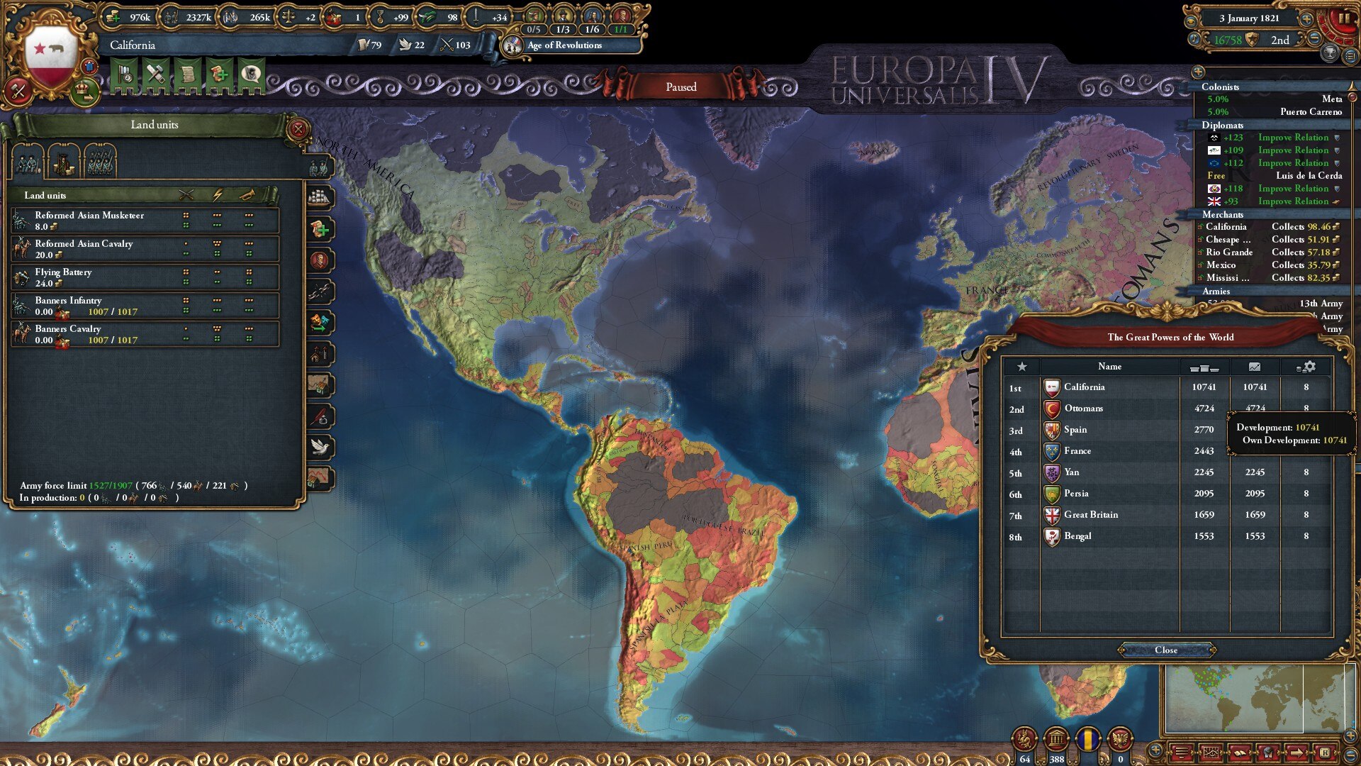Peacefully developped 10k dev and 1000 banners as California r/eu4