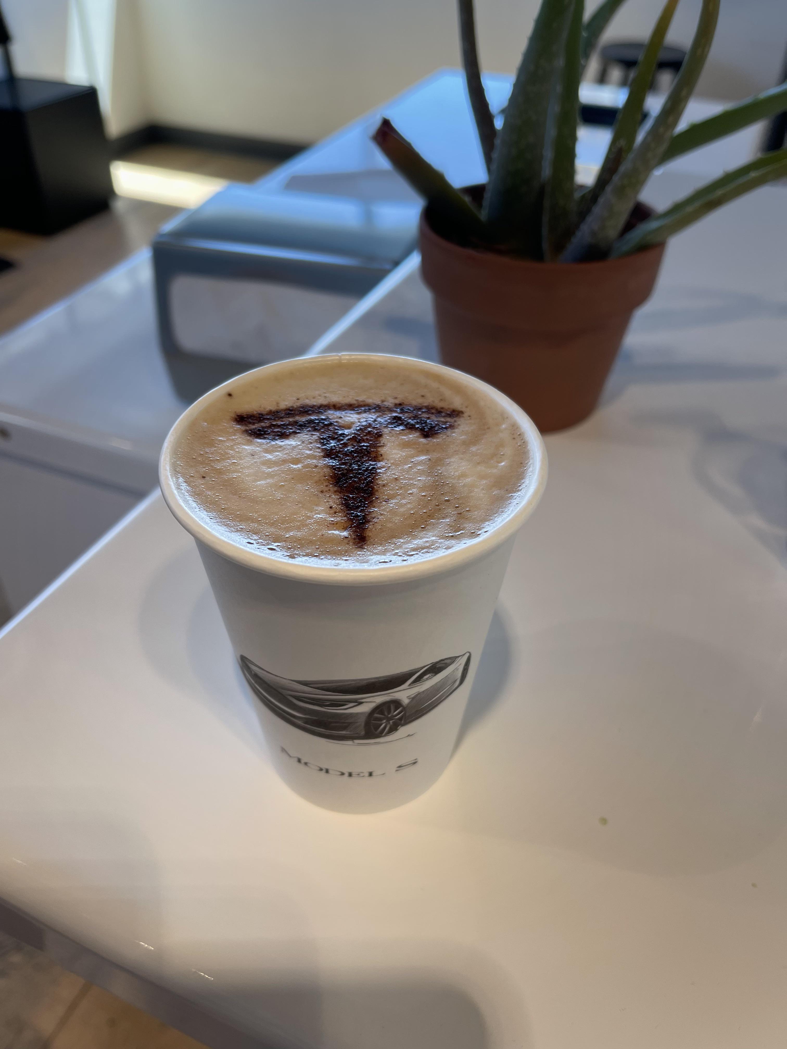 Got way too excited about my coffee at Tesla Lounge in Kettleman City California earlier today