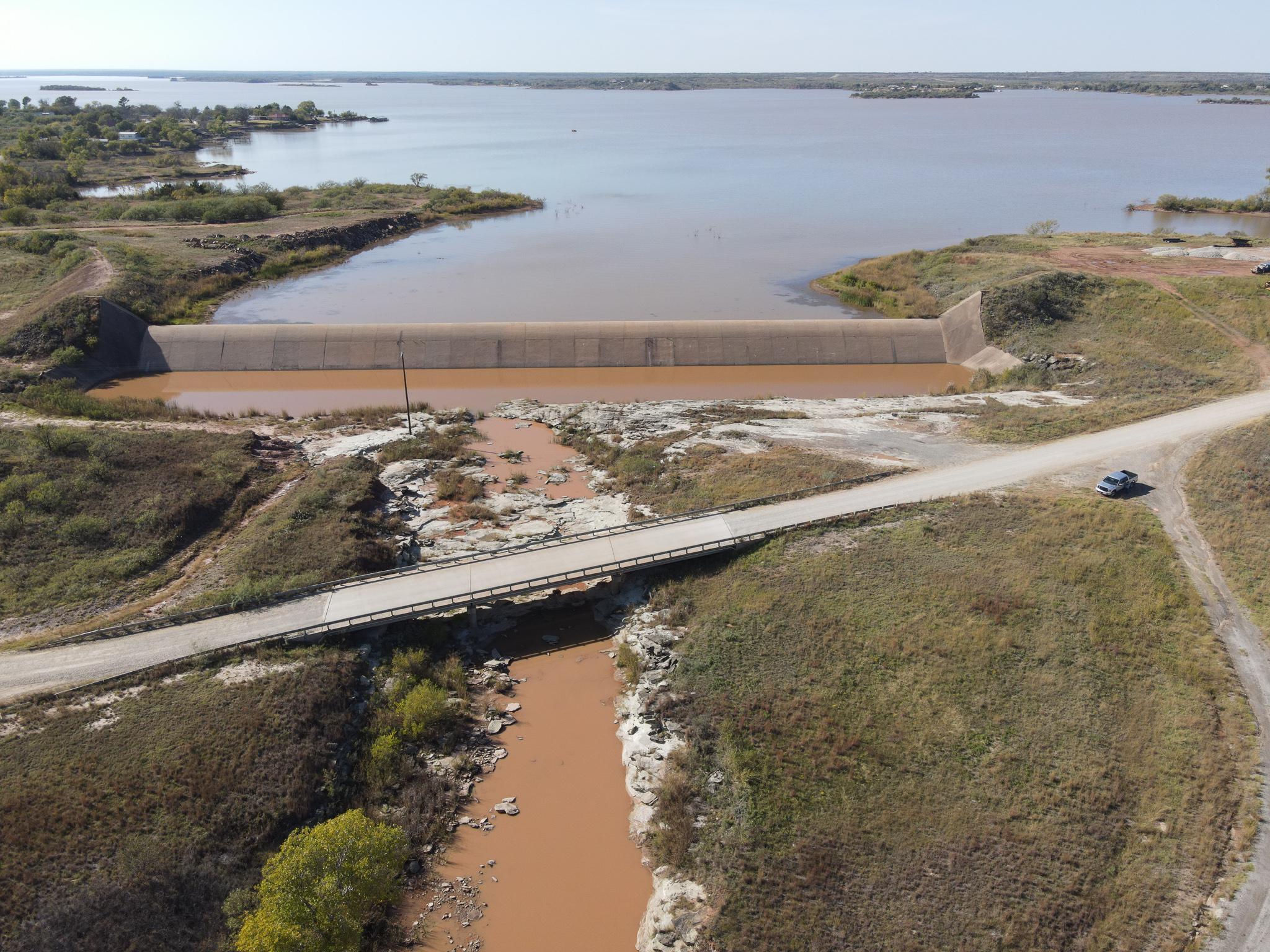 Lake Kickapoo dam from about 150 ft, in North Texas, taken with Mavic