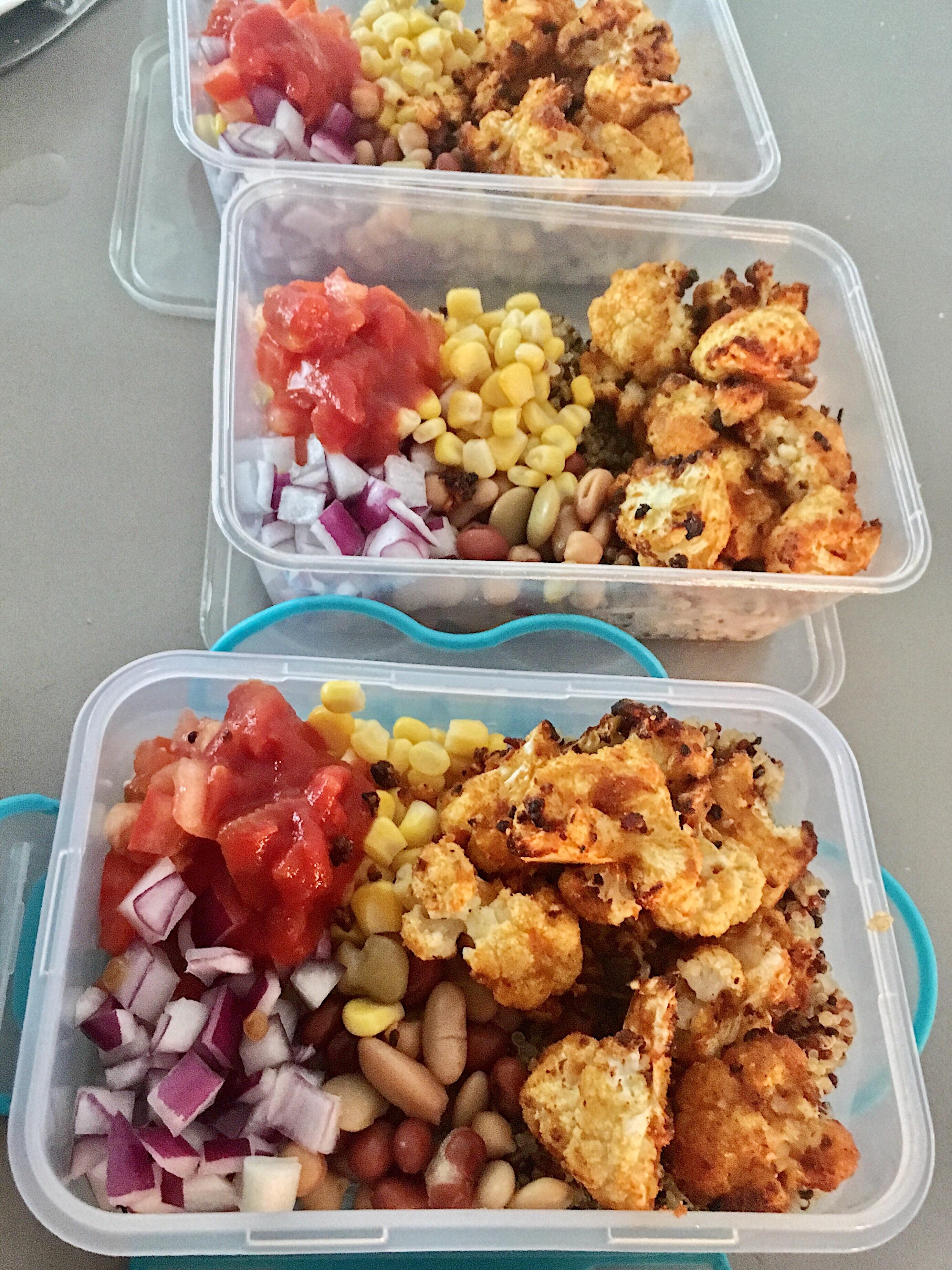 Veggie Taco Bowls made up of tacoseasoning baked cauliflower, corn