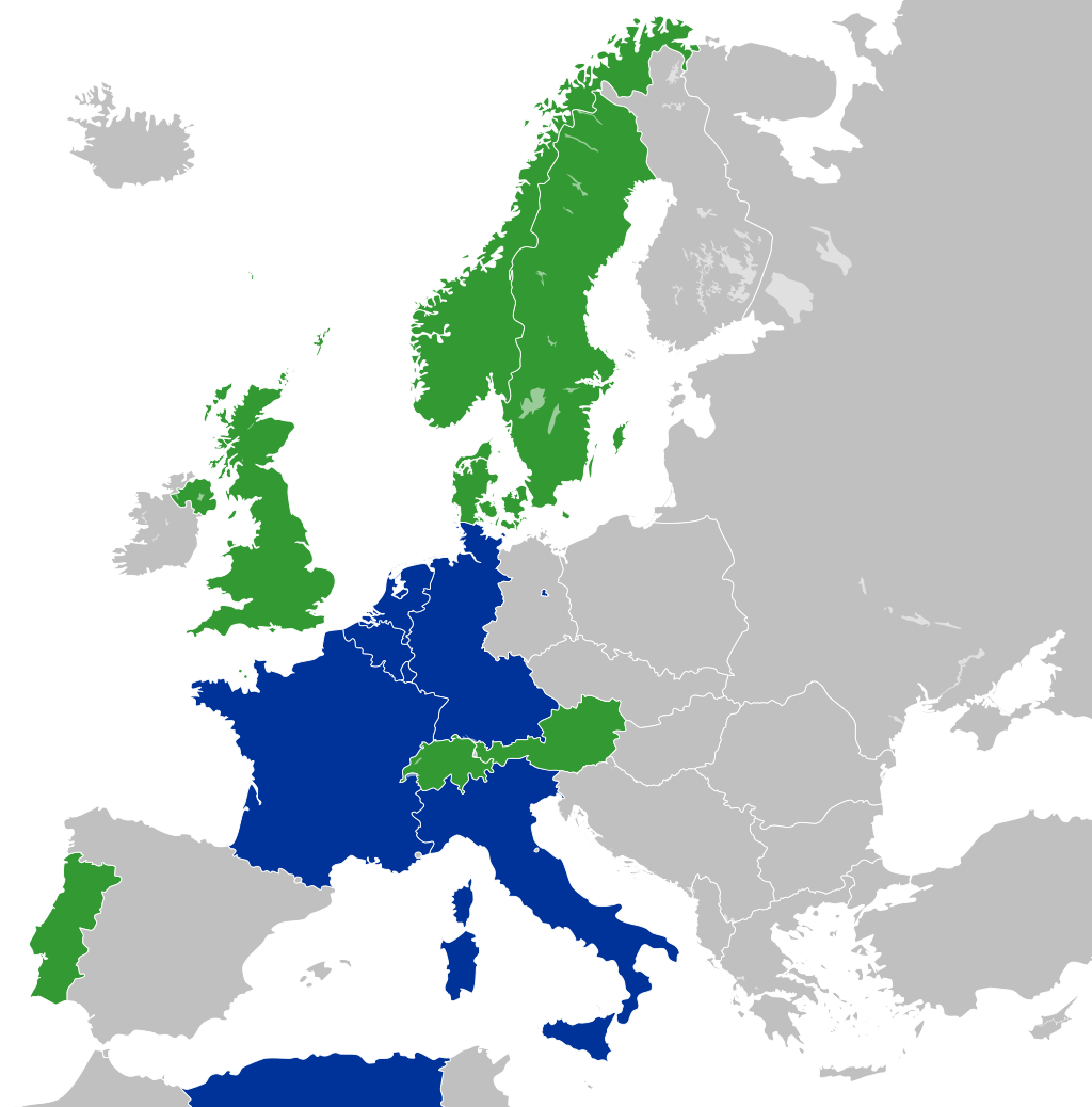 1961 Map Of Europe The Two Competing Western European Trade Blocs, The Inner Six (EEC) and