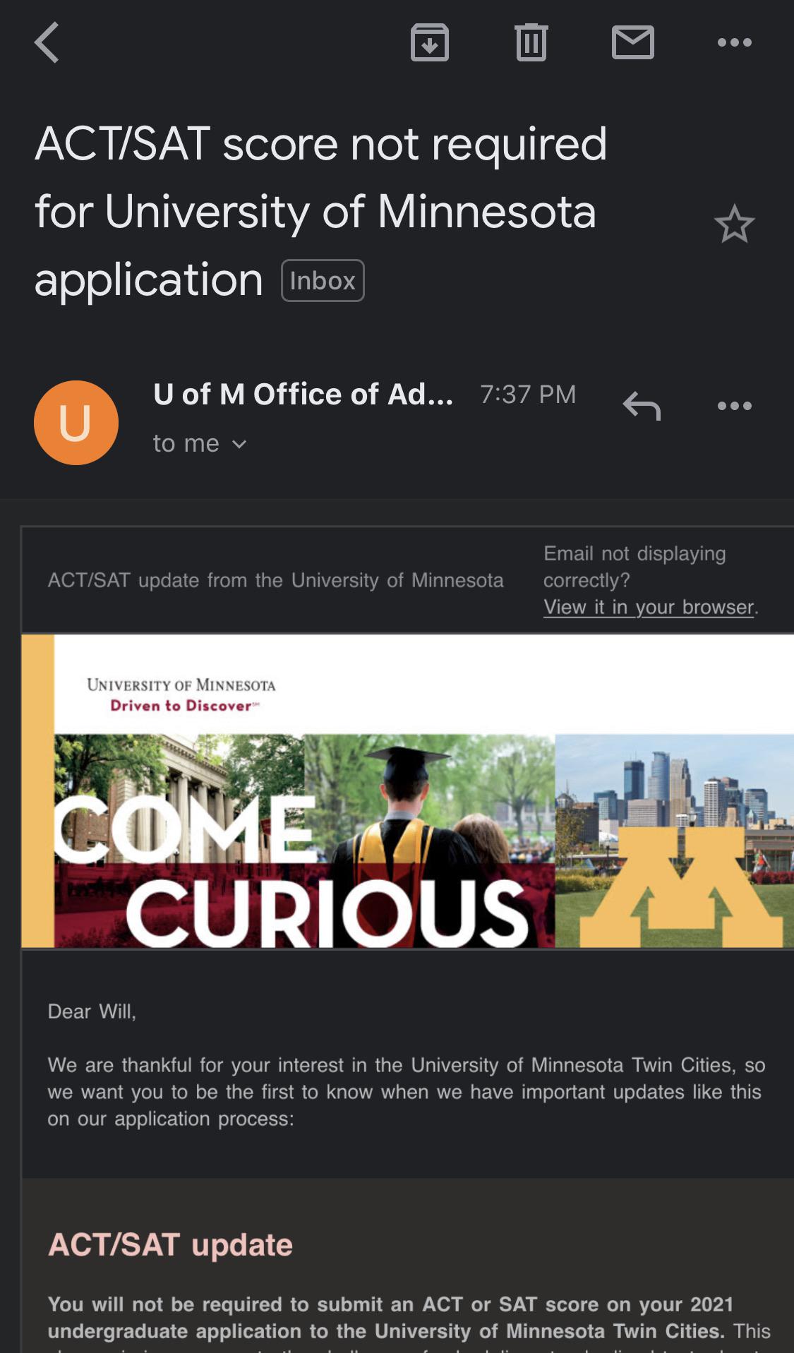 University of Minnesota is going test optional for the class of 2021