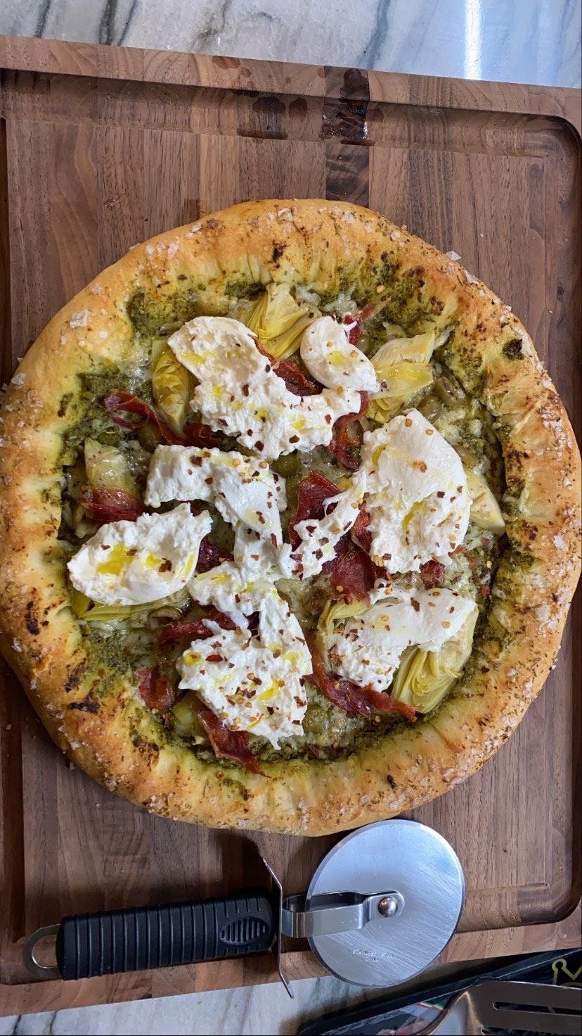 Pesto, Artichoke, Burrata Pizza W/ a Goat Cheese Stuffed Crust r