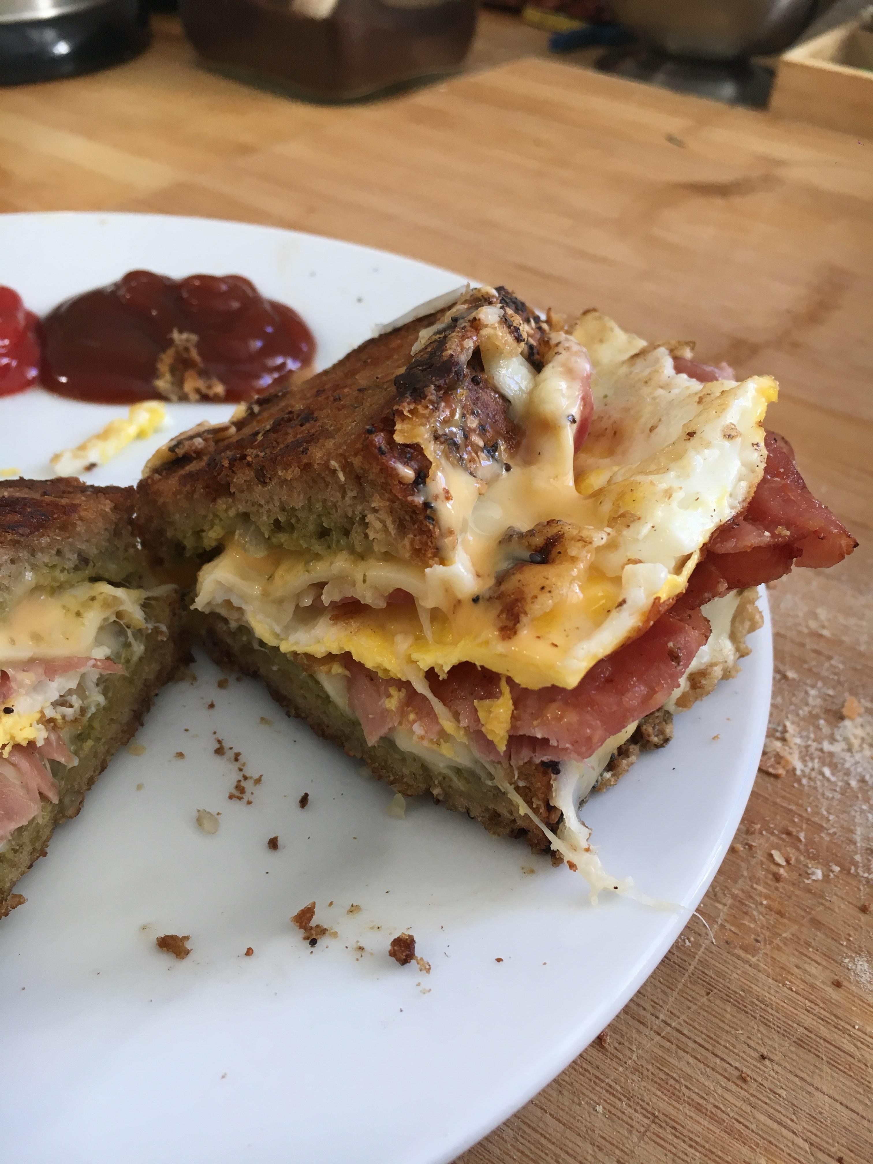 Today I made a bacon, salami, egg sandwich with three different cheeses