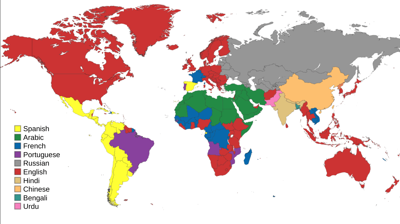 The most spoken language in each country of the 10 most spoken