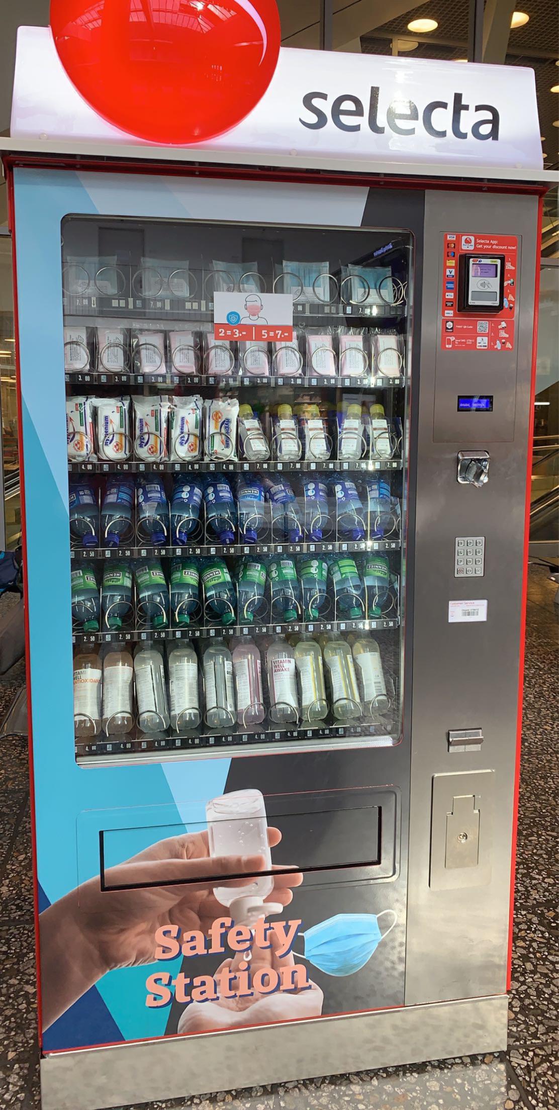There are "safety station" vending machines with masks, water and the
