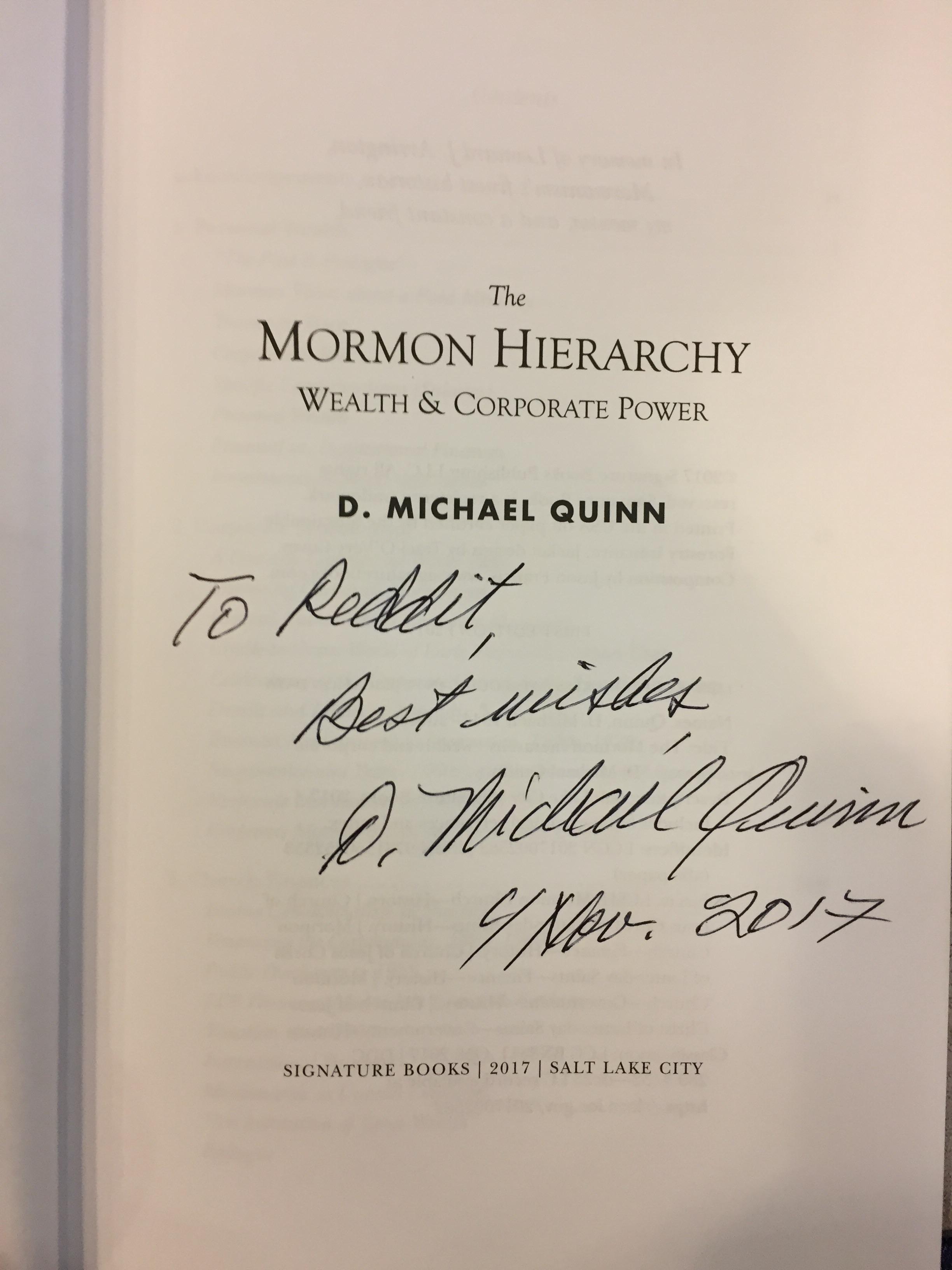 I will be giving away this signed copy of D. Michael Quinn's new book