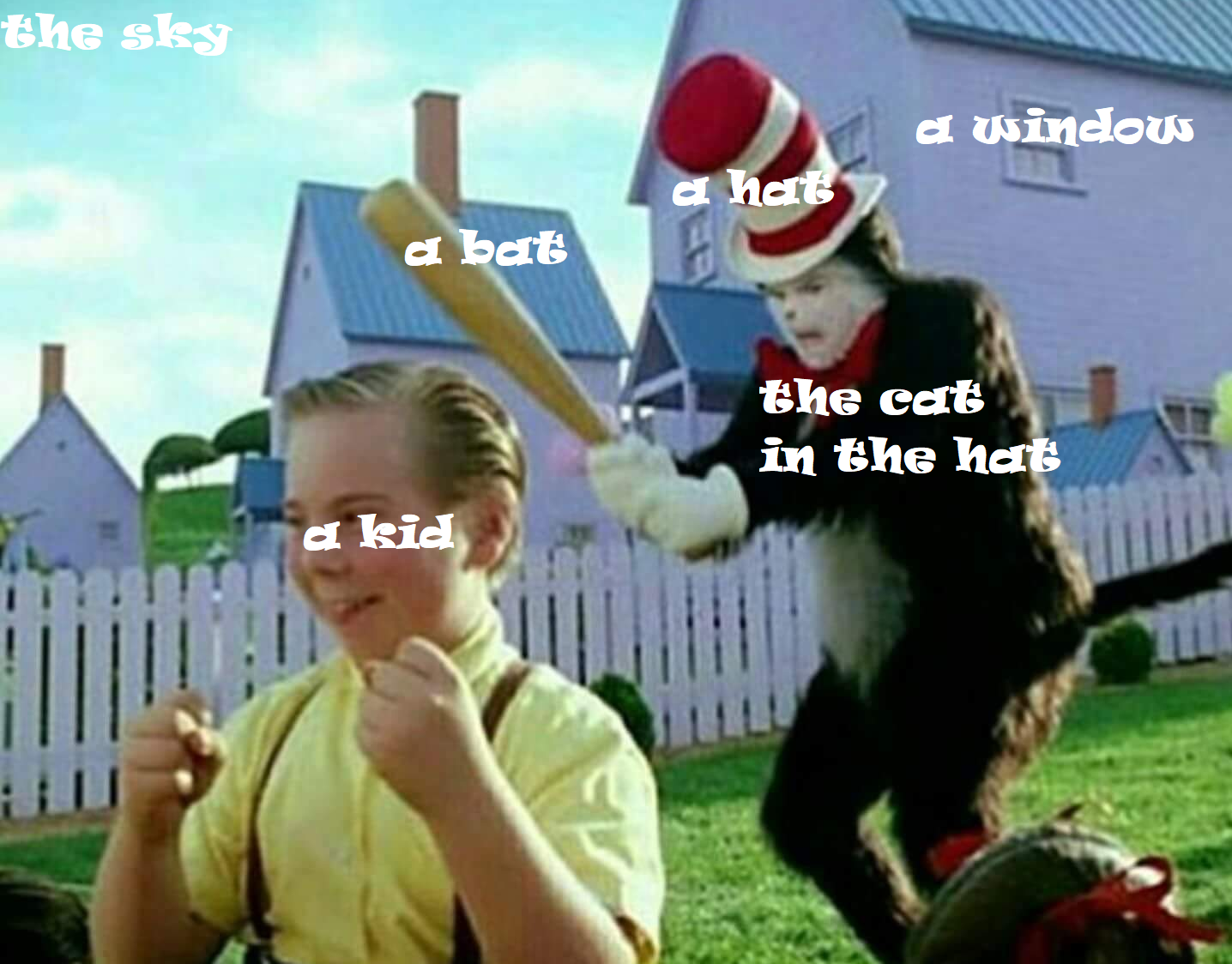 The Cat in the Hat hitting a Kid with a Bat r/antimeme
