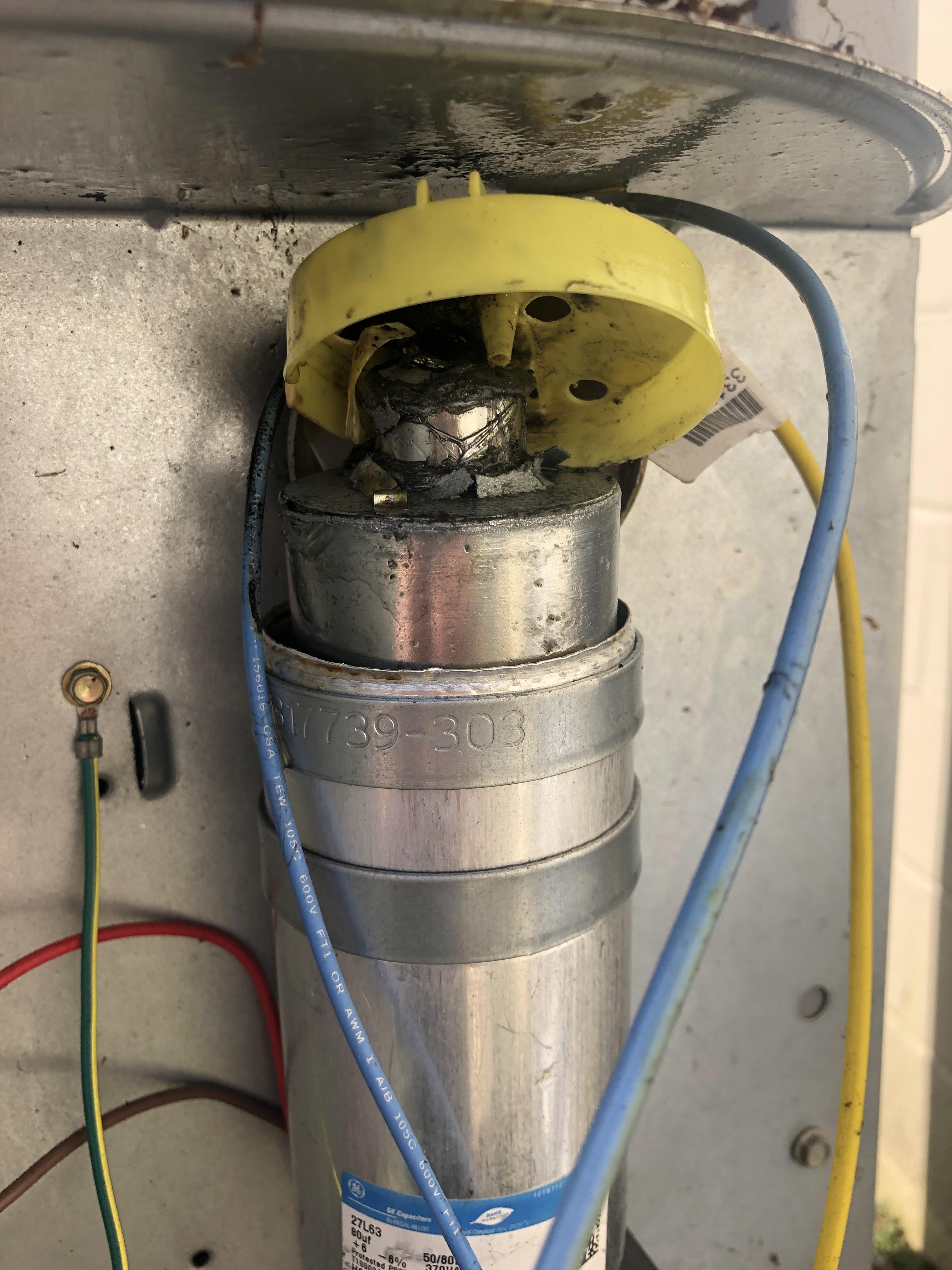 Capacitor went bye bye. 1st time I’ve seen this in 15+ years. Lightning