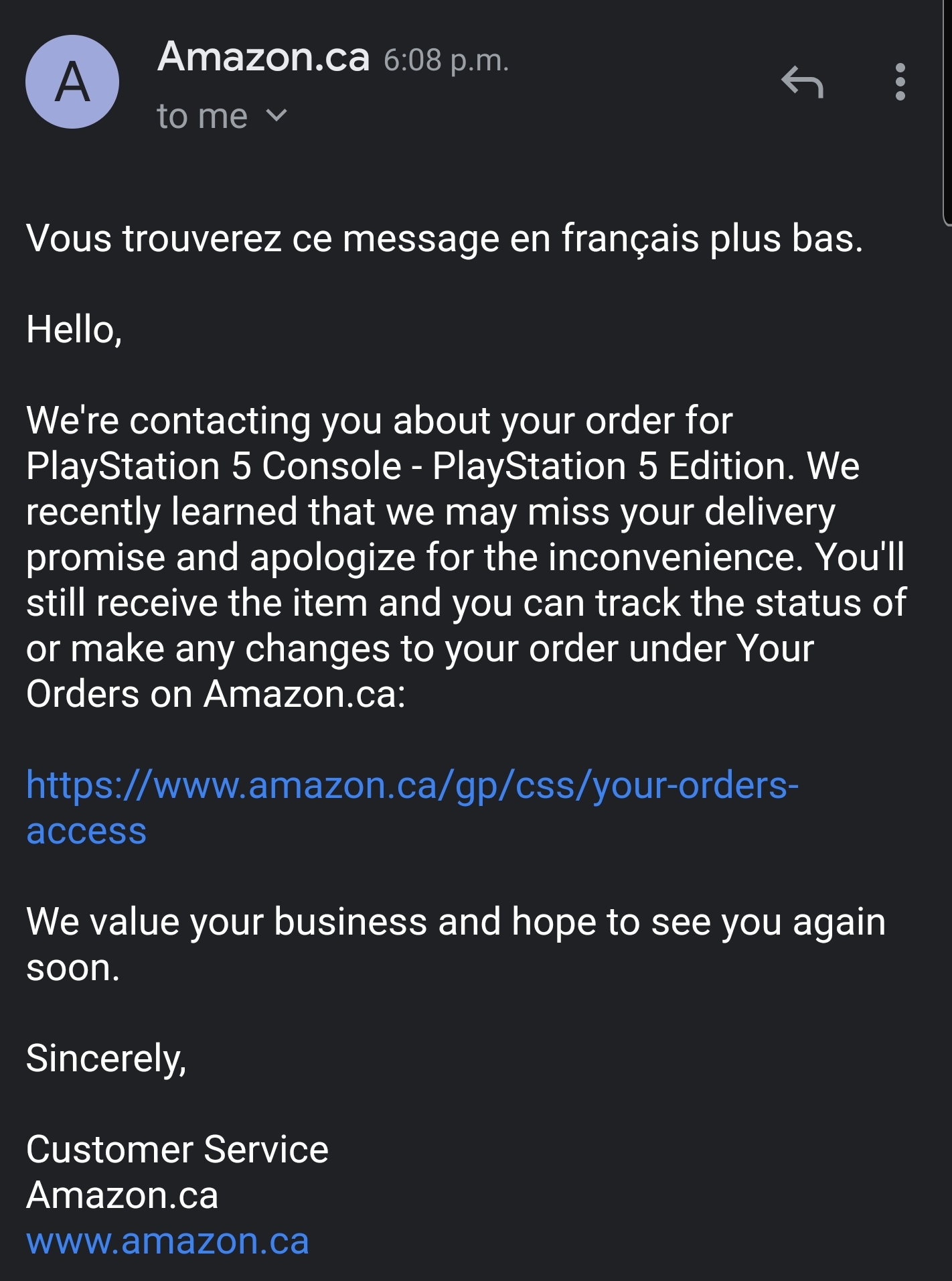 Anyone received an email from Amazon Canada for PS5 pre order? r
